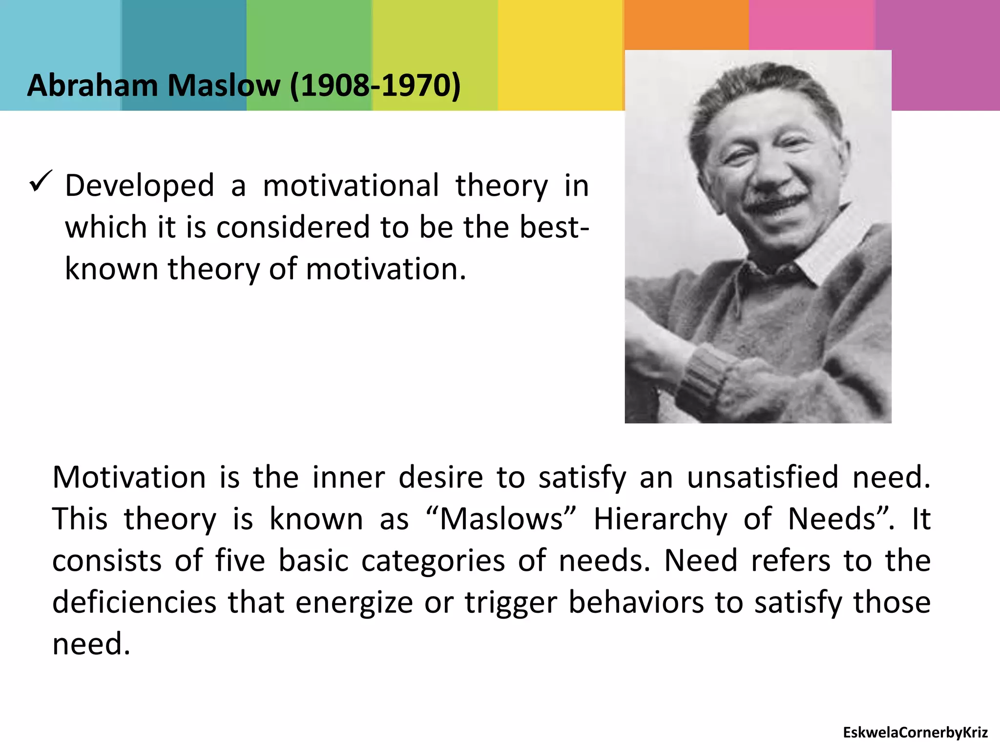 Abraham Maslow (1908-1970)
 Developed a motivational theory in
which it is considered to be the best-
known theory of motivation.
Motivation is the inner desire to satisfy an unsatisfied need.
This theory is known as “Maslows” Hierarchy of Needs”. It
consists of five basic categories of needs. Need refers to the
deficiencies that energize or trigger behaviors to satisfy those
need.
EskwelaCornerbyKriz
 