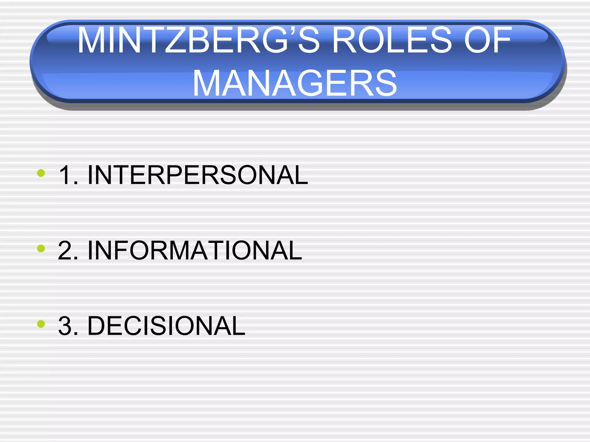MINTZBERG’S ROLES OF
MANAGERS
• 1. INTERPERSONAL
• 2. INFORMATIONAL
• 3. DECISIONAL
 
