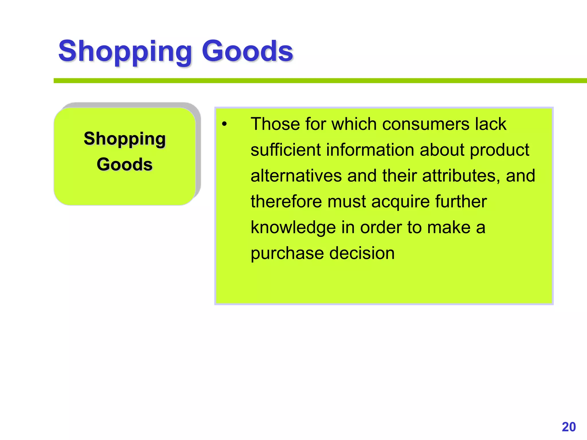 20
www.studyMarketing.org
Shopping Goods
Shopping
Goods
• Those for which consumers lack
sufficient information about product
alternatives and their attributes, and
therefore must acquire further
knowledge in order to make a
purchase decision
 