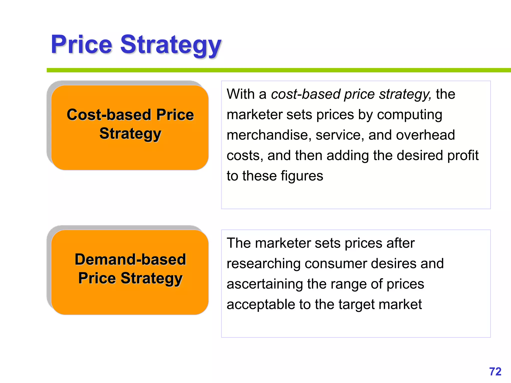 72
www.studyMarketing.org
Price Strategy
Cost-based Price
Strategy
Demand-based
Price Strategy
With a cost-based price strategy, the
marketer sets prices by computing
merchandise, service, and overhead
costs, and then adding the desired profit
to these figures
The marketer sets prices after
researching consumer desires and
ascertaining the range of prices
acceptable to the target market
 