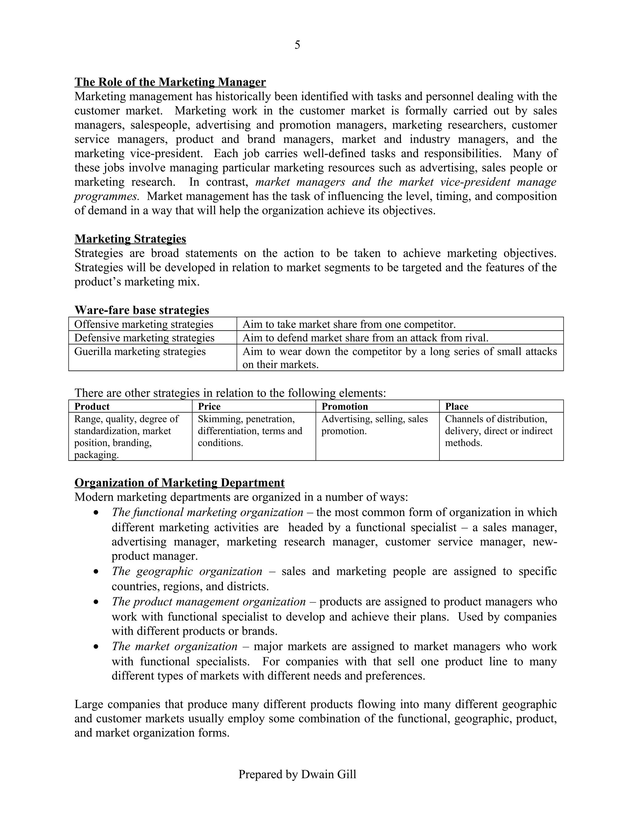 5
The Role of the Marketing Manager
Marketing management has historically been identified with tasks and personnel dealing with the
customer market. Marketing work in the customer market is formally carried out by sales
managers, salespeople, advertising and promotion managers, marketing researchers, customer
service managers, product and brand managers, market and industry managers, and the
marketing vice-president. Each job carries well-defined tasks and responsibilities. Many of
these jobs involve managing particular marketing resources such as advertising, sales people or
marketing research. In contrast, market managers and the market vice-president manage
programmes. Market management has the task of influencing the level, timing, and composition
of demand in a way that will help the organization achieve its objectives.
Marketing Strategies
Strategies are broad statements on the action to be taken to achieve marketing objectives.
Strategies will be developed in relation to market segments to be targeted and the features of the
product’s marketing mix.
Ware-fare base strategies
Offensive marketing strategies
Defensive marketing strategies
Guerilla marketing strategies

Aim to take market share from one competitor.
Aim to defend market share from an attack from rival.
Aim to wear down the competitor by a long series of small attacks
on their markets.

There are other strategies in relation to the following elements:
Product
Range, quality, degree of
standardization, market
position, branding,
packaging.

Price
Skimming, penetration,
differentiation, terms and
conditions.

Promotion
Advertising, selling, sales
promotion.

Place
Channels of distribution,
delivery, direct or indirect
methods.

Organization of Marketing Department
Modern marketing departments are organized in a number of ways:
• The functional marketing organization – the most common form of organization in which
different marketing activities are headed by a functional specialist – a sales manager,
advertising manager, marketing research manager, customer service manager, newproduct manager.
• The geographic organization – sales and marketing people are assigned to specific
countries, regions, and districts.
• The product management organization – products are assigned to product managers who
work with functional specialist to develop and achieve their plans. Used by companies
with different products or brands.
• The market organization – major markets are assigned to market managers who work
with functional specialists. For companies with that sell one product line to many
different types of markets with different needs and preferences.
Large companies that produce many different products flowing into many different geographic
and customer markets usually employ some combination of the functional, geographic, product,
and market organization forms.
Prepared by Dwain Gill

 