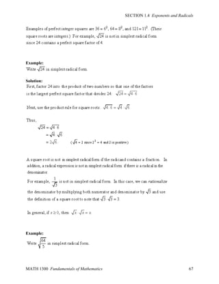 SECTION 1.4 Exponents and Radicals

Example:

Solution:

Example:

MATH 1300 Fundamentals of Mathematics

67

 