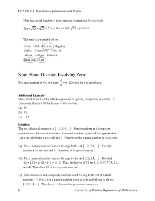 CHAPTER 1 Introductory Information and Review

Note About Division Involving Zero:

Additional Example 1:

Solution:

8

University of Houston Department of Mathematics

 