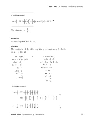 SECTION 1.8 Absolute Value and Equations

Example:

Solution:

MATH 1300 Fundamentals of Mathematics

99

 