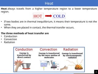 21
Heat
Heat always travels from a higher temperature region to a lower temperature
region.
• If two bodies are in thermal inequilibrium, it means their temperature is not the
same.
• When they are placed in contact, the thermal transfer occurs.
The three methods of heat transfer are
• Conduction
• Convection
• Radiation
 