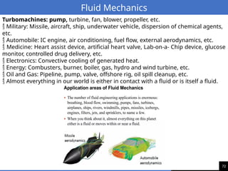 72
Fluid Mechanics
Turbomachines: pump, turbine, fan, blower, propeller, etc.
 Military: Missile, aircraft, ship, underwater vehicle, dispersion of chemical agents,
etc.
 Automobile: IC engine, air conditioning, fuel flow, external aerodynamics, etc.
 Medicine: Heart assist device, artificial heart valve, Lab-on-a- Chip device, glucose
monitor, controlled drug delivery, etc.
 Electronics: Convective cooling of generated heat.
 Energy: Combusters, burner, boiler, gas, hydro and wind turbine, etc.
 Oil and Gas: Pipeline, pump, valve, offshore rig, oil spill cleanup, etc.
 Almost everything in our world is either in contact with a fluid or is itself a fluid.
 
