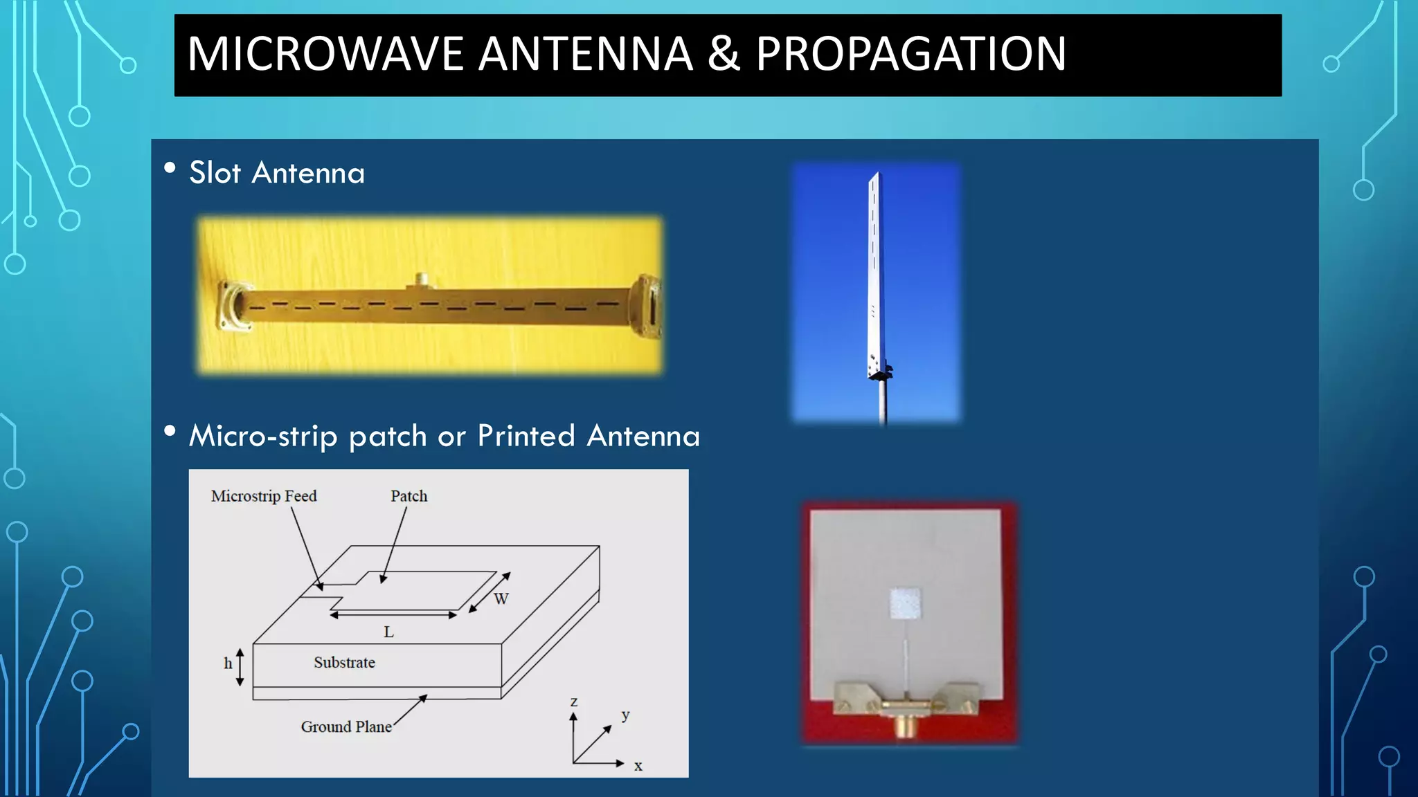 MICROWAVE ANTENNA & PROPAGATION
• Slot Antenna
• Micro-strip patch or Printed Antenna
 