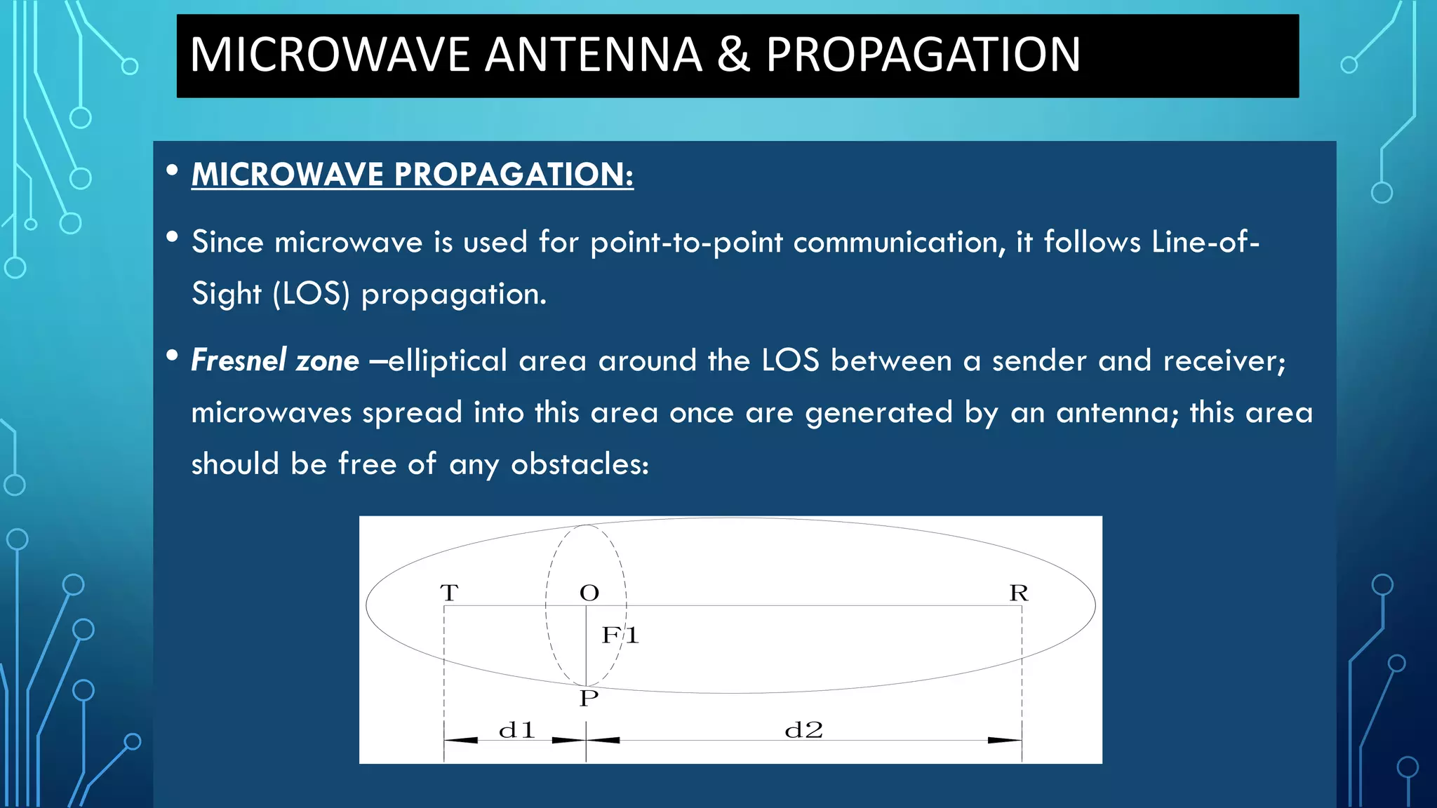MICROWAVE ANTENNA & PROPAGATION
• MICROWAVE PROPAGATION:
• Since microwave is used for point-to-point communication, it follows Line-of-
Sight (LOS) propagation.
• Fresnel zone –elliptical area around the LOS between a sender and receiver;
microwaves spread into this area once are generated by an antenna; this area
should be free of any obstacles:
ROT
P
F1
d2d1
 