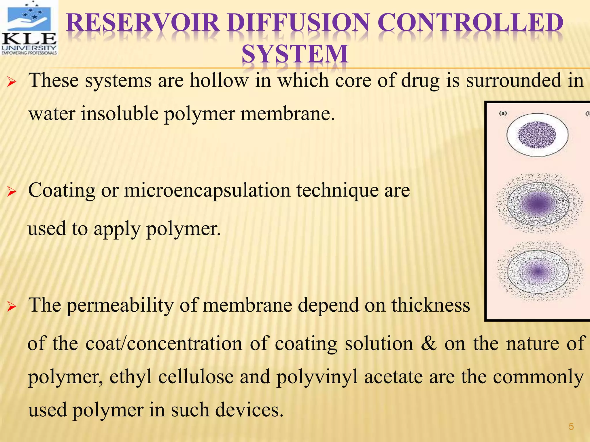 RESERVOIR DIFFUSION CONTROLLED
SYSTEM
 These systems are hollow in which core of drug is surrounded in
water insoluble polymer membrane.
 Coating or microencapsulation technique are
used to apply polymer.
 The permeability of membrane depend on thickness
of the coat/concentration of coating solution & on the nature of
polymer, ethyl cellulose and polyvinyl acetate are the commonly
used polymer in such devices.
5
 