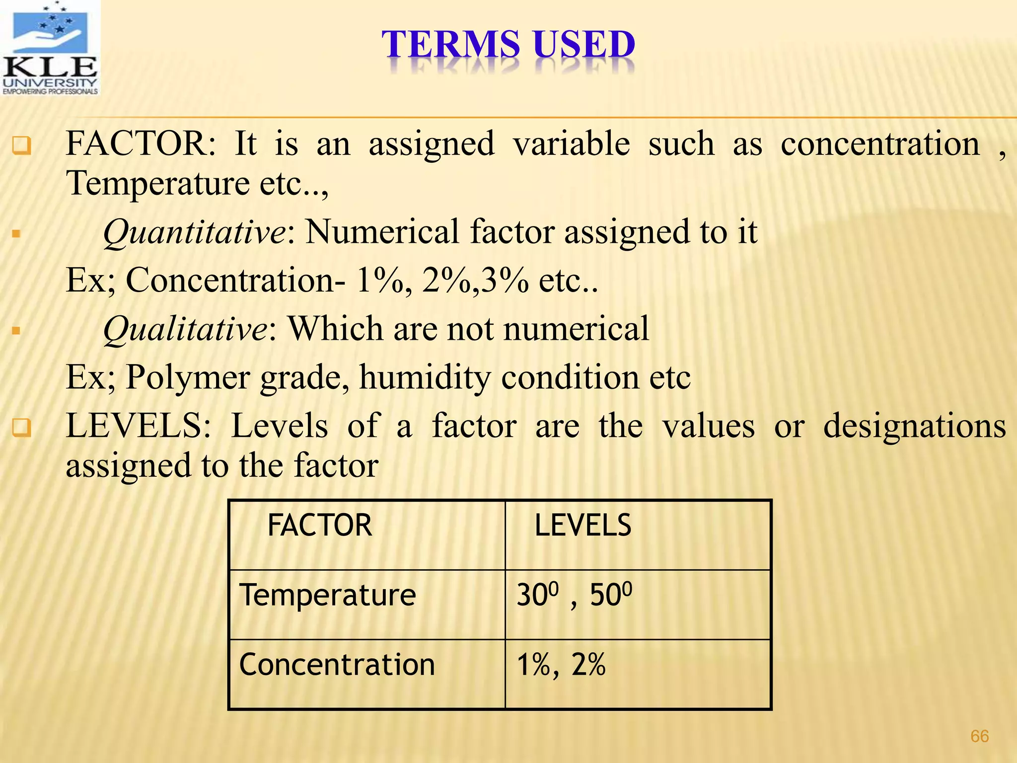 TERMS USED
 FACTOR: It is an assigned variable such as concentration ,
Temperature etc..,
 Quantitative: Numerical factor assigned to it
Ex; Concentration- 1%, 2%,3% etc..
 Qualitative: Which are not numerical
Ex; Polymer grade, humidity condition etc
 LEVELS: Levels of a factor are the values or designations
assigned to the factor
FACTOR LEVELS
Temperature 300 , 500
Concentration 1%, 2%
66
 
