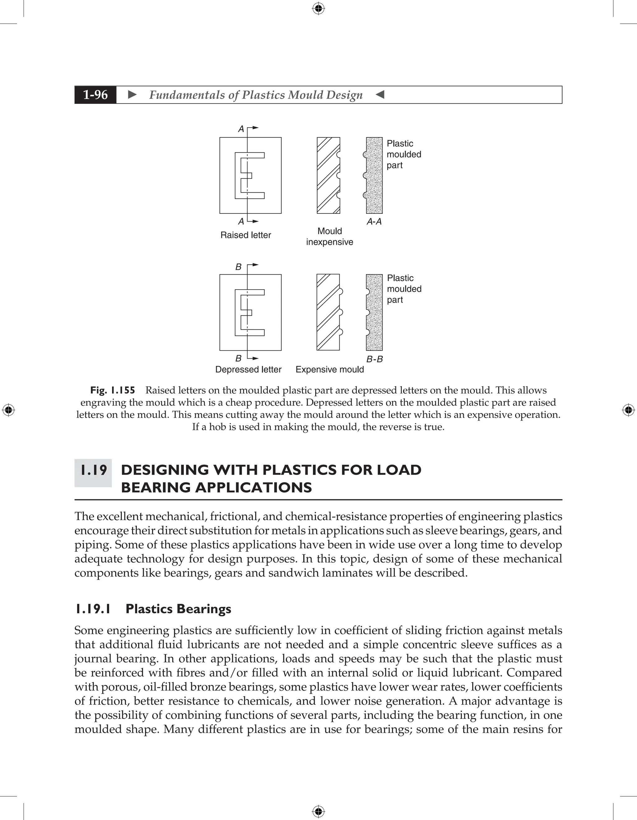  Fundamentals of Plastics Mould Design 
1-96
Plastic
moulded
part
Plastic
moulded
part
Mould
inexpensive
Raised letter
Depressed letter Expensive mould
A
B
B-B
A-A
B
A
Fig. 1.155 Raised letters on the moulded plastic part are depressed letters on the mould. This allows
engraving the mould which is a cheap procedure. Depressed letters on the moulded plastic part are raised
letters on the mould. This means cutting away the mould around the letter which is an expensive operation.
If a hob is used in making the mould, the reverse is true.
1.19 Designing with Plastics for Load
Bearing Applications
The excellent mechanical, frictional, and chemical-resistance properties of engineering plastics
encourage their direct substitution for metals in applications such as sleeve bearings, gears, and
piping. Some of these plastics applications have been in wide use over a long time to develop
adequate technology for design purposes. In this topic, design of some of these mechanical
components like bearings, gears and sandwich laminates will be described.
1.19.1 Plastics Bearings
Some engineering plastics are sufficiently low in coefficient of sliding friction against metals
that additional fluid lubricants are not needed and a simple concentric sleeve suffices as a
journal bearing. In other applications, loads and speeds may be such that the plastic must
be reinforced with fibres and/or filled with an internal solid or liquid lubricant. Compared
with porous, oil-filled bronze bearings, some plastics have lower wear rates, lower coefficients
of friction, better resistance to chemicals, and lower noise generation. A major advantage is
the possibility of combining functions of several parts, including the bearing function, in one
moulded shape. Many different plastics are in use for bearings; some of the main resins for
 