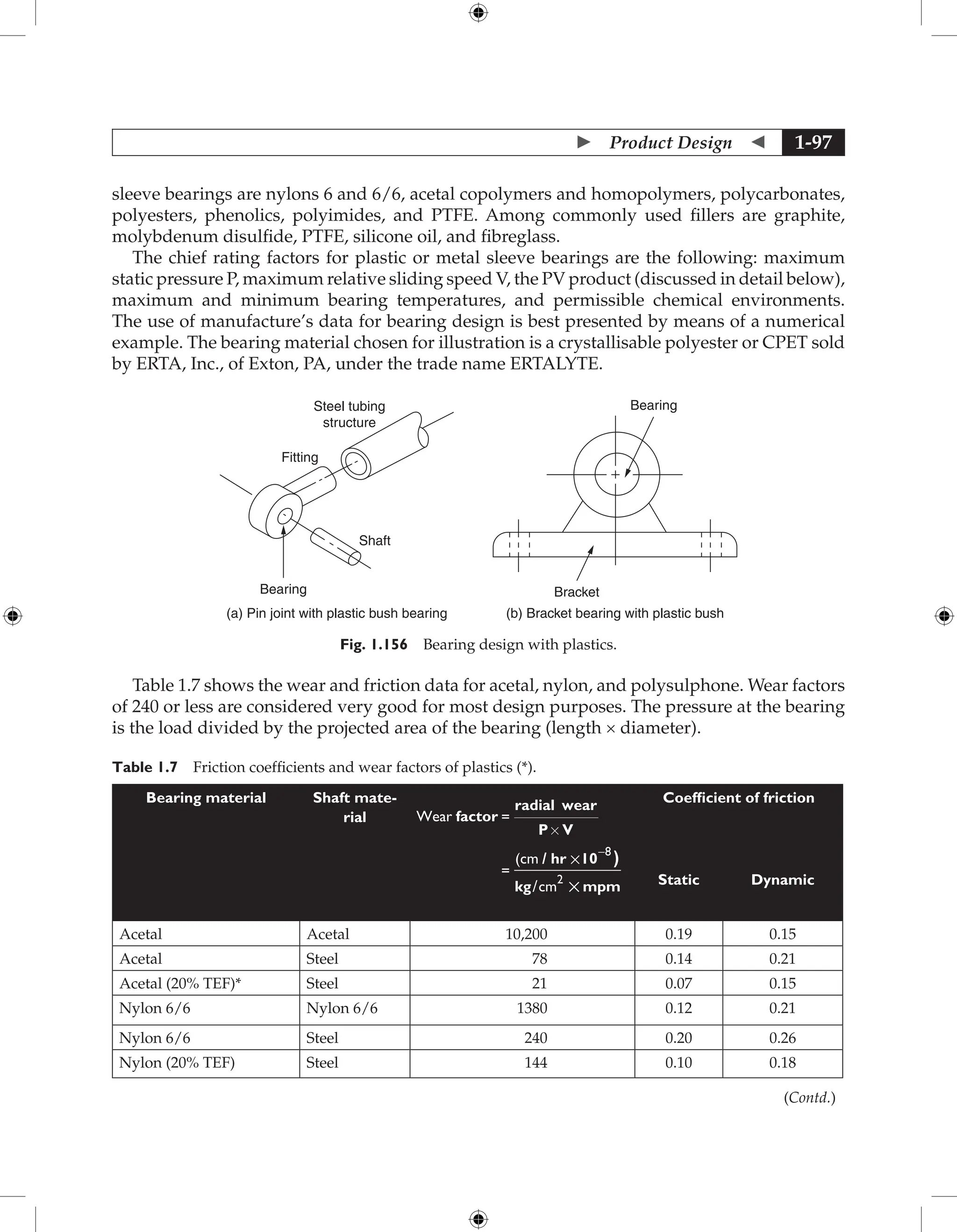  Product Design  1-97
sleeve bearings are nylons 6 and 6/6, acetal copolymers and homopolymers, polycarbonates,
polyesters, phenolics, polyimides, and PTFE. Among commonly used fillers are graphite,
molybdenum disulfide, PTFE, silicone oil, and fibreglass.
The chief rating factors for plastic or metal sleeve bearings are the following: maximum
static pressure P, maximum relative sliding speed V, the PV product (discussed in detail below),
maximum and minimum bearing temperatures, and permissible chemical environments.
The use of manufacture’s data for bearing design is best presented by means of a numerical
example. The bearing material chosen for illustration is a crystallisable polyester or CPET sold
by ERTA, Inc., of Exton, PA, under the trade name ERTALYTE.
(b) Bracket bearing with plastic bush
(a) Pin joint with plastic bush bearing
Bearing
Bracket
Steel tubing
structure
Fitting
Shaft
Bearing
Fig. 1.156 Bearing design with plastics.
Table 1.7 shows the wear and friction data for acetal, nylon, and polysulphone. Wear factors
of 240 or less are considered very good for most design purposes. The pressure at the bearing
is the load divided by the projected area of the bearing (length × diameter).
Table 1.7 Friction coefficients and wear factors of plastics (*).
Bearing material Shaft mate-
rial Wear
(cm
cm
8
2
factor
radial wear
P V
hr 10
kg mpm
=
=
/
´
/ )
´
´
−
Coefficient of friction
Static Dynamic
Acetal Acetal 10,200 0.19 0.15
Acetal Steel 78 0.14 0.21
Acetal (20% TEF)* Steel 21 0.07 0.15
Nylon 6/6 Nylon 6/6 1380 0.12 0.21
Nylon 6/6 Steel 240 0.20 0.26
Nylon (20% TEF) Steel 144 0.10 0.18
(Contd.)
 