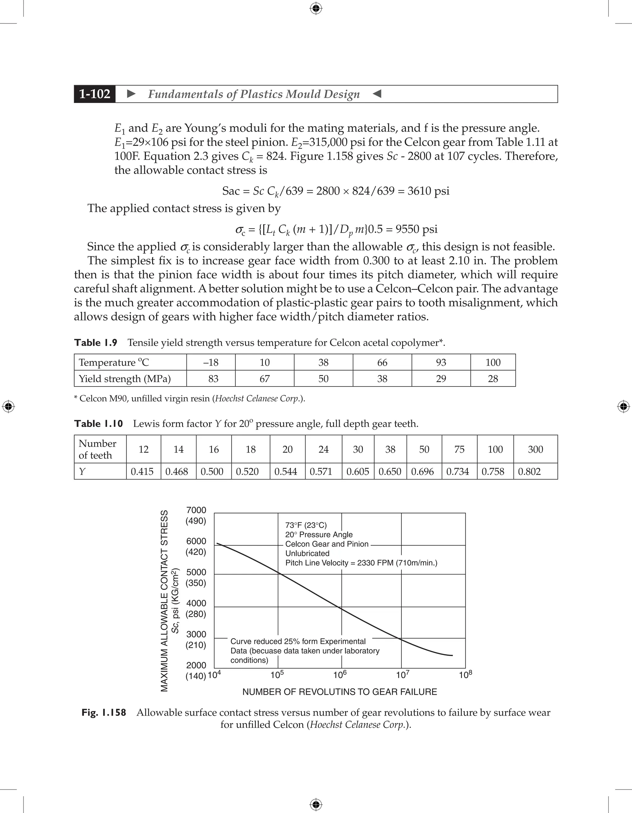  Fundamentals of Plastics Mould Design 
1-102
E1 and E2 are Young’s moduli for the mating materials, and f is the pressure angle.

E1=29×106 psi for the steel pinion. E2=315,000 psi for the Celcon gear from Table 1.11 at
100F. Equation 2.3 gives Ck = 824. Figure 1.158 gives Sc - 2800 at 107 cycles. Therefore,
the allowable contact stress is
Sac = Sc Ck/639 = 2800 × 824/639 = 3610 psi
The applied contact stress is given by
sc = {[Lt Ck (m + 1)]/Dp m}0.5 = 9550 psi
Since the applied sc is considerably larger than the allowable sc, this design is not feasible.
The simplest fix is to increase gear face width from 0.300 to at least 2.10 in. The problem
then is that the pinion face width is about four times its pitch diameter, which will require
careful shaft alignment. A better solution might be to use a Celcon–Celcon pair. The advantage
is the much greater accommodation of plastic-plastic gear pairs to tooth misalignment, which
allows design of gears with higher face width/pitch diameter ratios.
Table 1.9 Tensile yield strength versus temperature for Celcon acetal copolymer*.
Temperature o
C –18 10 38 66 93 100
Yield strength (MPa) 83 67 50 38 29 28
* Celcon M90, unfilled virgin resin (Hoechst Celanese Corp.).
Table 1.10 Lewis form factor Y for 20o
pressure angle, full depth gear teeth.
Number
of teeth
12 14 16 18 20 24 30 38 50 75 100 300
Y 0.415 0.468 0.500 0.520 0.544 0.571 0.605 0.650 0.696 0.734 0.758 0.802
73°F (23°C)
20° Pressure Angle
Celcon Gear and Pinion
Unlubricated
Pitch Line Velocity = 2330 FPM (710m/min.)
Curve reduced 25% form Experimental
Data (becuase data taken under laboratory
conditions)
104
2000
(140)
3000
(210)
4000
(280)
5000
(350)
6000
(420)
7000
(490)
105
106
NUMBER OF REVOLUTINS TO GEAR FAILURE
MAXIMUM
ALLOWABLE
CONTACT
STRESS
Sc,
psi
(KG/cm
2
)
107
108
Fig. 1.158 Allowable surface contact stress versus number of gear revolutions to failure by surface wear
for unfilled Celcon (Hoechst Celanese Corp.).
 