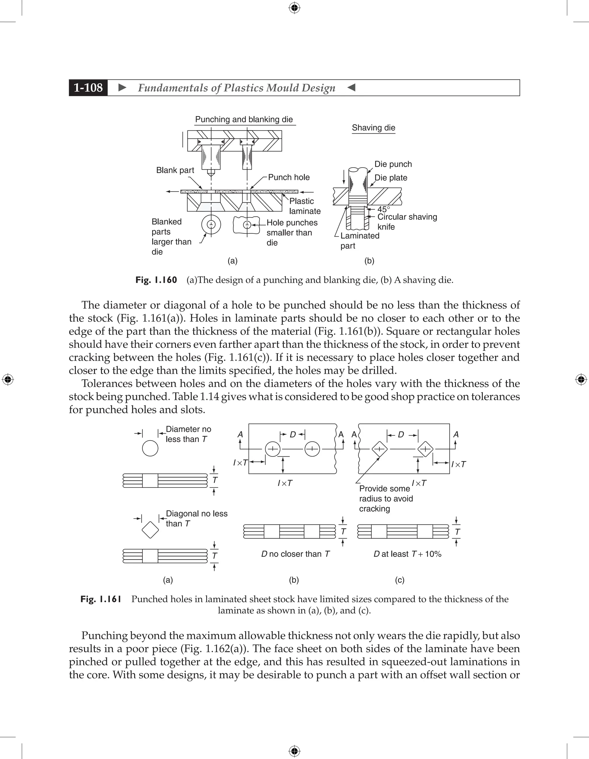  Fundamentals of Plastics Mould Design 
1-108
Blank part
Punch hole
Plastic
laminate
Hole punches
smaller than
die
Blanked
parts
larger than
die
Punching and blanking die
Shaving die
45°
Circular shaving
knife
Laminated
part
Die punch
Die plate
(a) (b)
Fig. 1.160 (a)The design of a punching and blanking die, (b) A shaving die.
The diameter or diagonal of a hole to be punched should be no less than the thickness of
the stock (Fig. 1.161(a)). Holes in laminate parts should be no closer to each other or to the
edge of the part than the thickness of the material (Fig. 1.161(b)). Square or rectangular holes
should have their corners even farther apart than the thickness of the stock, in order to prevent
cracking between the holes (Fig. 1.161(c)). If it is necessary to place holes closer together and
closer to the edge than the limits specified, the holes may be drilled.
Tolerances between holes and on the diameters of the holes vary with the thickness of the
stock being punched. Table 1.14 gives what is considered to be good shop practice on tolerances
for punched holes and slots.
Diameter no
less than T
Diagonal no less
than T
T
T
T T
D no closer than T D at least T + 10%
Provide some
radius to avoid
cracking
A A A A
D D
I ×T I ×T
I ×T
I ×T
(a) (b) (c)
Fig. 1.161 Punched holes in laminated sheet stock have limited sizes compared to the thickness of the
laminate as shown in (a), (b), and (c).
Punching beyond the maximum allowable thickness not only wears the die rapidly, but also
results in a poor piece (Fig. 1.162(a)). The face sheet on both sides of the laminate have been
pinched or pulled together at the edge, and this has resulted in squeezed-out laminations in
the core. With some designs, it may be desirable to punch a part with an offset wall section or
 