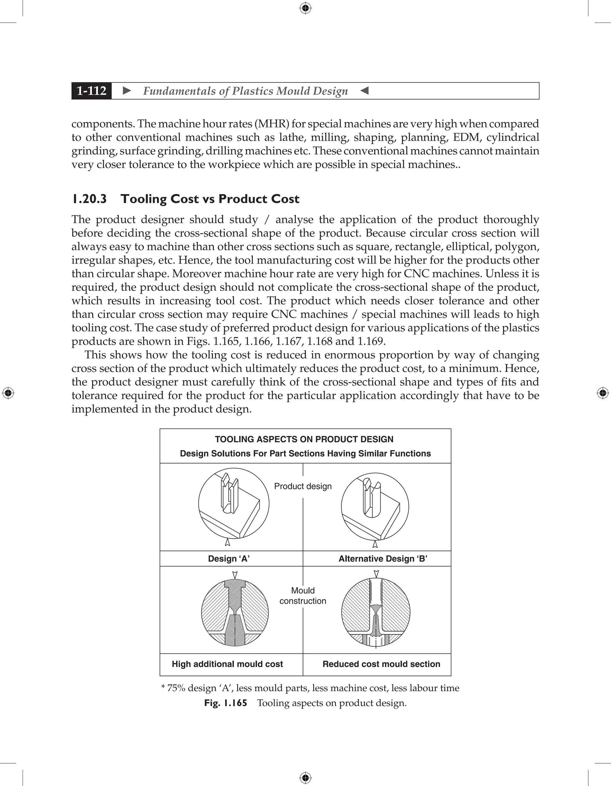  Fundamentals of Plastics Mould Design 
1-112
components. The machine hour rates (MHR) for special machines are very high when compared
to other conventional machines such as lathe, milling, shaping, planning, EDM, cylindrical
grinding, surface grinding, drilling machines etc. These conventional machines cannot maintain
very closer tolerance to the workpiece which are possible in special machines..
1.20.3 Tooling Cost vs Product Cost
The product designer should study / analyse the application of the product thoroughly
before deciding the cross-sectional shape of the product. Because circular cross section will
always easy to machine than other cross sections such as square, rectangle, elliptical, polygon,
irregular shapes, etc. Hence, the tool manufacturing cost will be higher for the products other
than circular shape. Moreover machine hour rate are very high for CNC machines. Unless it is
required, the product design should not complicate the cross-sectional shape of the product,
which results in increasing tool cost. The product which needs closer tolerance and other
than circular cross section may require CNC machines / special machines will leads to high
tooling cost. The case study of preferred product design for various applications of the plastics
products are shown in Figs. 1.165, 1.166, 1.167, 1.168 and 1.169.
This shows how the tooling cost is reduced in enormous proportion by way of changing
cross section of the product which ultimately reduces the product cost, to a minimum. Hence,
the product designer must carefully think of the cross-sectional shape and types of fits and
tolerance required for the product for the particular application accordingly that have to be
implemented in the product design.
TOOLING ASPECTS ON PRODUCT DESIGN
Design Solutions For Part Sections Having Similar Functions
Design ‘A’ Alternative Design ‘B’
High additional mould cost Reduced cost mould section
Product design
Mould
construction
* 75% design ‘A’, less mould parts, less machine cost, less labour time
Fig. 1.165 Tooling aspects on product design.
 