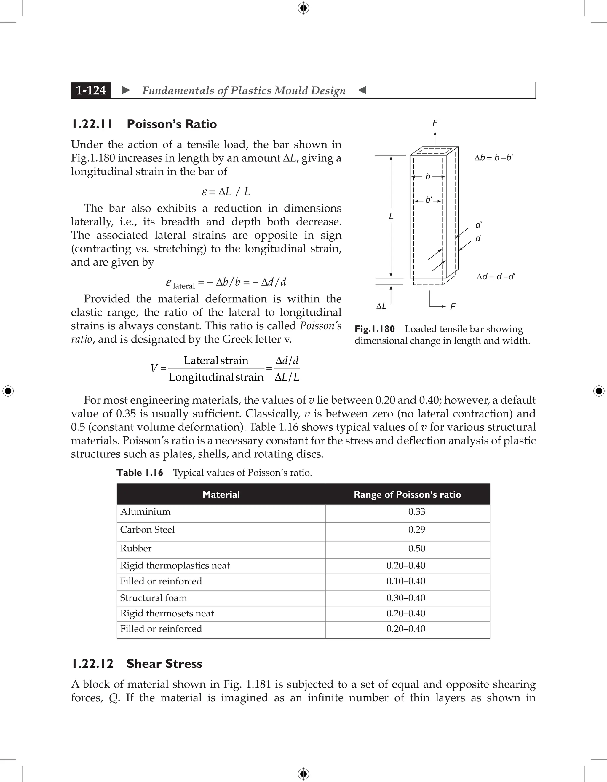 Fundamentals of Plastics Mould Design 
1-124
1.22.11 Poisson’s Ratio
Under the action of a tensile load, the bar shown in
Fig.1.180 increases in length by an amount ∆L, giving a
longitudinal strain in the bar of
e = ∆L / L
The bar also exhibits a reduction in dimensions
laterally, i.e., its breadth and depth both decrease.
The associated lateral strains are opposite in sign
(contracting vs. stretching) to the longitudinal strain,
and are given by
e lateral = – ∆b/b = – ∆d/d
Provided the material deformation is within the
elastic range, the ratio of the lateral to longitudinal
strains is always constant. This ratio is called Poisson’s
ratio, and is designated by the Greek letter v.
V
d d
L L
=
Lateralstrain
Longitudinalstrain
=
∆
∆
/
/
For most engineering materials, the values of v lie between 0.20 and 0.40; however, a default
value of 0.35 is usually sufficient. Classically, v is between zero (no lateral contraction) and
0.5 (constant volume deformation). Table 1.16 shows typical values of v for various structural
materials. Poisson’s ratio is a necessary constant for the stress and deflection analysis of plastic
structures such as plates, shells, and rotating discs.
Table 1.16 Typical values of Poisson’s ratio.
Material Range of Poisson’s ratio
Aluminium 0.33
Carbon Steel 0.29
Rubber 0.50
Rigid thermoplastics neat 0.20–0.40
Filled or reinforced 0.10–0.40
Structural foam 0.30–0.40
Rigid thermosets neat 0.20–0.40
Filled or reinforced 0.20–0.40
1.22.12 Shear Stress
A block of material shown in Fig. 1.181 is subjected to a set of equal and opposite shearing
forces, Q. If the material is imagined as an infinite number of thin layers as shown in
b�
b
F
∆b = b −b�
∆d = d −d�
d�
d
L
∆L F
Fig.1.180 Loaded tensile bar showing
dimensional change in length and width.
 