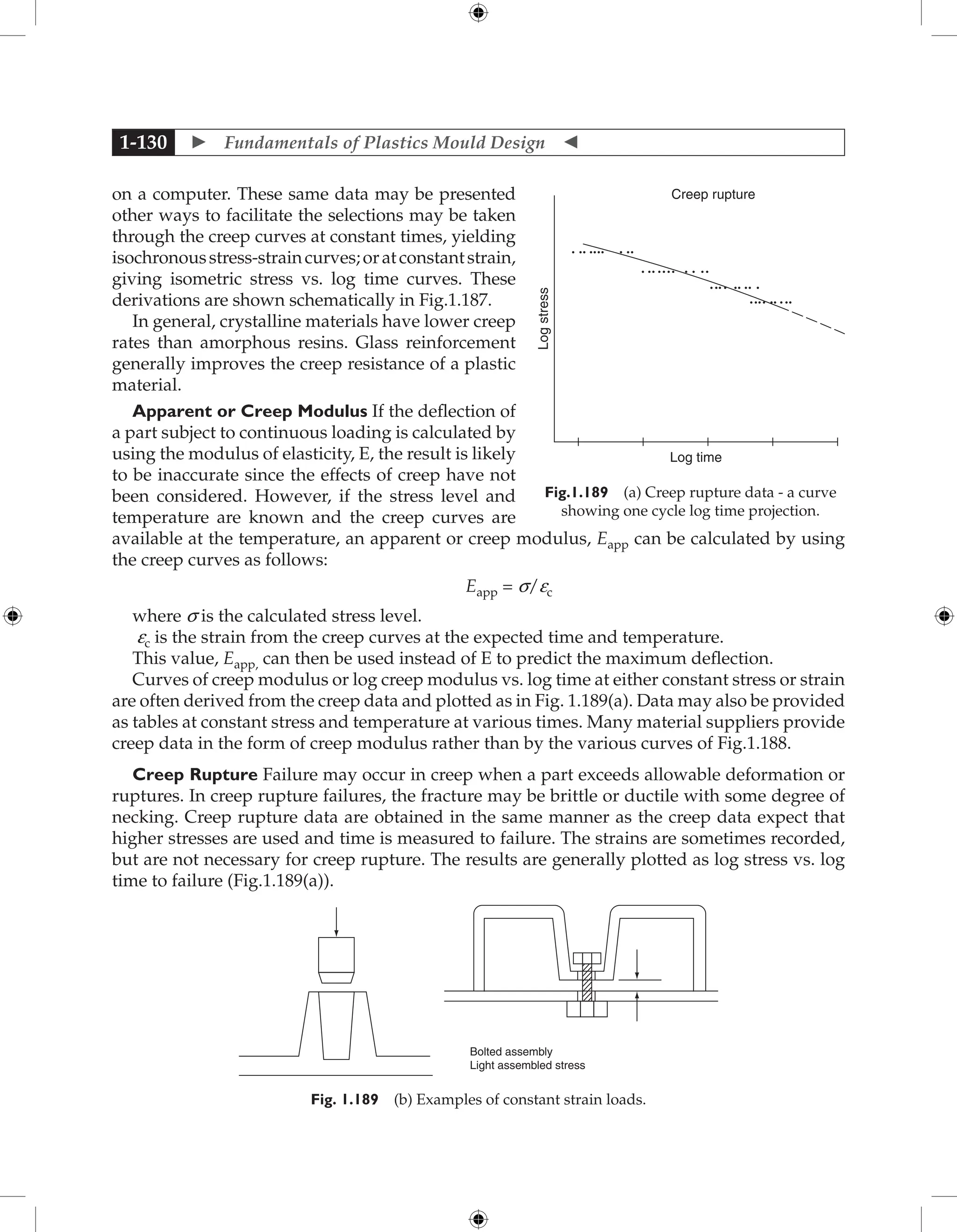  Fundamentals of Plastics Mould Design 
1-130
on a computer. These same data may be presented
other ways to facilitate the selections may be taken
through the creep curves at constant times, yielding
isochronousstress-straincurves;oratconstantstrain,
giving isometric stress vs. log time curves. These
derivations are shown schematically in Fig.1.187.
In general, crystalline materials have lower creep
rates than amorphous resins. Glass reinforcement
generally improves the creep resistance of a plastic
material.
Apparent or Creep Modulus If the deflection of
a part subject to continuous loading is calculated by
using the modulus of elasticity, E, the result is likely
to be inaccurate since the effects of creep have not
been considered. However, if the stress level and
temperature are known and the creep curves are
available at the temperature, an apparent or creep modulus, Eapp can be calculated by using
the creep curves as follows:
Eapp = s/ec
where s is the calculated stress level.
ec is the strain from the creep curves at the expected time and temperature.
This value, Eapp, can then be used instead of E to predict the maximum deflection.
Curves of creep modulus or log creep modulus vs. log time at either constant stress or strain
are often derived from the creep data and plotted as in Fig. 1.189(a). Data may also be provided
as tables at constant stress and temperature at various times. Many material suppliers provide
creep data in the form of creep modulus rather than by the various curves of Fig.1.188.
Creep Rupture Failure may occur in creep when a part exceeds allowable deformation or
ruptures. In creep rupture failures, the fracture may be brittle or ductile with some degree of
necking. Creep rupture data are obtained in the same manner as the creep data expect that
higher stresses are used and time is measured to failure. The strains are sometimes recorded,
but are not necessary for creep rupture. The results are generally plotted as log stress vs. log
time to failure (Fig.1.189(a)).
Bolted assembly
Light assembled stress
Fig. 1.189 (b) Examples of constant strain loads.
Log time
Creep rupture
Log
stress
Fig.1.189 (a) Creep rupture data - a curve
showing one cycle log time projection.
 
