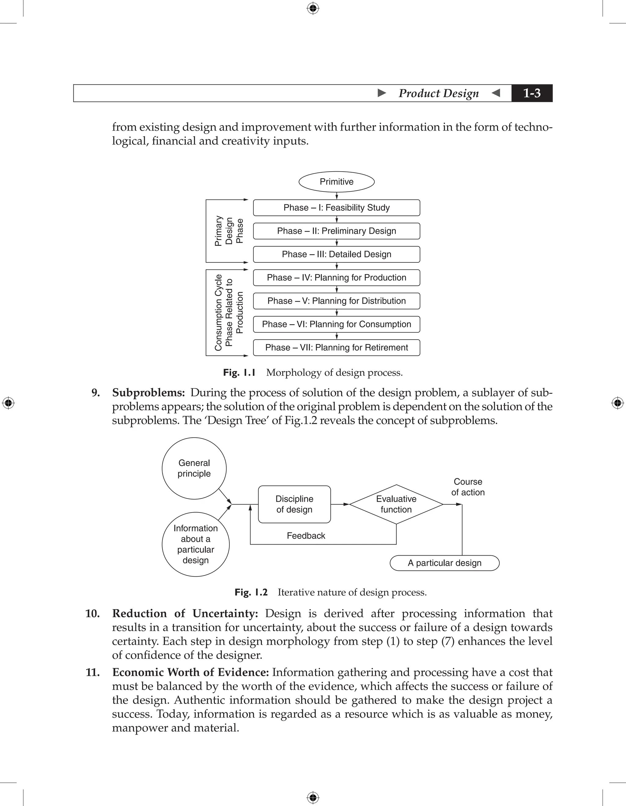  Product Design  1-3
from existing design and improvement with further information in the form of techno-
logical, financial and creativity inputs.
Primitive
Phase – I: Feasibility Study
Primary
Design
Phase
Phase – II: Preliminary Design
Phase – III: Detailed Design
Phase – IV: Planning for Production
Phase – V: Planning for Distribution
Consumption
Cycle
Phase
Related
to
Production
Phase – VI: Planning for Consumption
Phase – VII: Planning for Retirement
Fig. 1.1 Morphology of design process.
9. Subproblems: During the process of solution of the design problem, a sublayer of sub-
problems appears; the solution of the original problem is dependent on the solution of the
subproblems. The ‘Design Tree’ of Fig.1.2 reveals the concept of subproblems.
General
principle
Discipline
of design
Evaluative
function
Course
of action
Feedback
A particular design
Information
about a
particular
design
Fig. 1.2 Iterative nature of design process.
10. Reduction of Uncertainty: Design is derived after processing information that
results in a transition for uncertainty, about the success or failure of a design towards
certainty. Each step in design morphology from step (1) to step (7) enhances the level
of confidence of the designer.
11. Economic Worth of Evidence: Information gathering and processing have a cost that
must be balanced by the worth of the evidence, which affects the success or failure of
the design. Authentic information should be gathered to make the design project a
success. Today, information is regarded as a resource which is as valuable as money,
manpower and material.
 