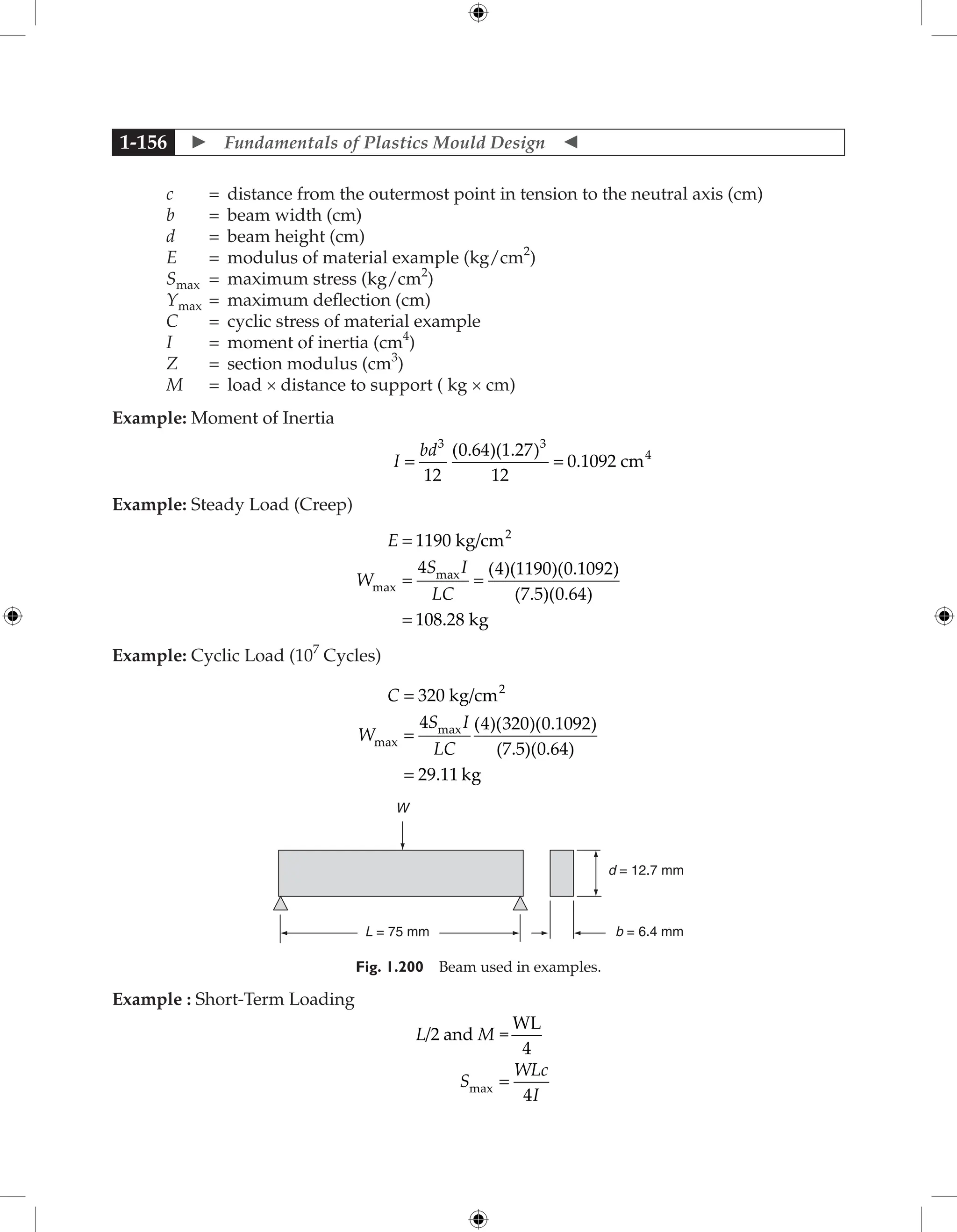  Fundamentals of Plastics Mould Design 
1-156
c = distance from the outermost point in tension to the neutral axis (cm)
b = beam width (cm)
d = beam height (cm)
E = modulus of material example (kg/cm2
)
Smax = maximum stress (kg/cm2
)
Ymax = maximum deflection (cm)
C = cyclic stress of material example
I = moment of inertia (cm4
)
Z = section modulus (cm3
)
M = load × distance to support ( kg × cm)
Example: Moment of Inertia
I
bd
= =
3 3
4
12
0 64 1 27
12
0 1092
( . )( . )
. cm
Example: Steady Load (Creep)
E
W
S I
LC
=
= =
=
1190
4 4 1190 0 1092
7 5 0 64
108
2
kg/cm
max
max ( )( )( . )
( . )( . )
.
.28 kg
Example: Cyclic Load (107
Cycles)
C
W
S I
LC
=
=
=
320
4 4 320 0 1092
7 5 0 64
29 11
2
kg cm
k
/
( )( )( . )
( . )( . )
.
max
max
g
g
L = 75 mm
W
d = 12.7 mm
b = 6.4 mm
Fig. 1.200 Beam used in examples.
Example : Short-Term Loading
L M
S
WLc
I
/
max
2
4
4
and =
WL
=
 