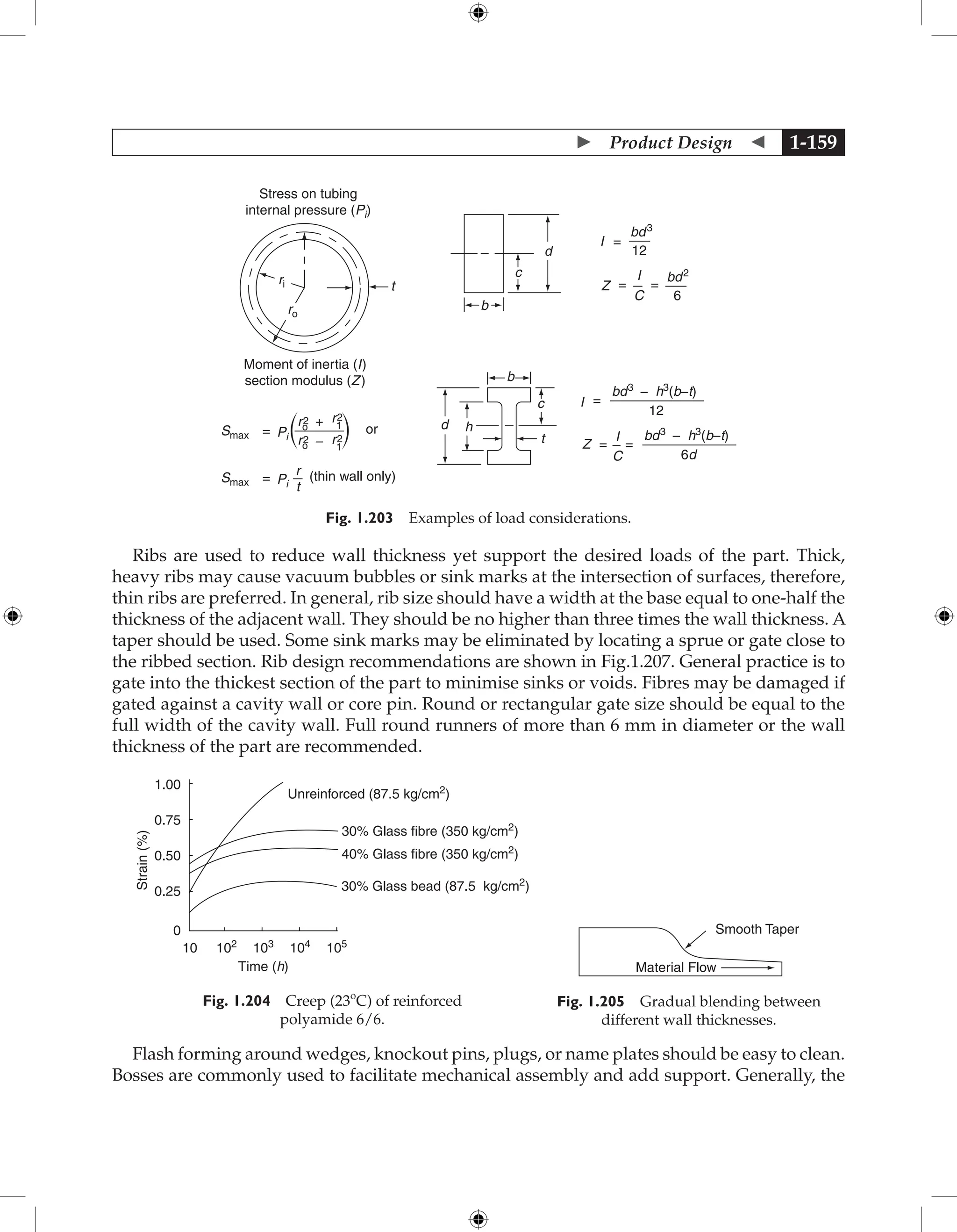  Product Design  1-159
ri
ro
t
b
c
d
b
c
t
d h
I
Z
=
bd3
bd3
h3
(b−t)
−
12
bd2
6
C
=
=
I
Stress on tubing
internal pressure (Pi)
Moment of inertia (I)
section modulus (Z)
Smax =
or
Pi
Smax = Pi
r2
o
r2
o r2
1
r2
1
+
−
r
t
(thin wall only)
I =
12
bd3
h3
(b−t)
−
I
C
=
=
Z
6d
Fig. 1.203 Examples of load considerations.
Ribs are used to reduce wall thickness yet support the desired loads of the part. Thick,
heavy ribs may cause vacuum bubbles or sink marks at the intersection of surfaces, therefore,
thin ribs are preferred. In general, rib size should have a width at the base equal to one-half the
thickness of the adjacent wall. They should be no higher than three times the wall thickness. A
taper should be used. Some sink marks may be eliminated by locating a sprue or gate close to
the ribbed section. Rib design recommendations are shown in Fig.1.207. General practice is to
gate into the thickest section of the part to minimise sinks or voids. Fibres may be damaged if
gated against a cavity wall or core pin. Round or rectangular gate size should be equal to the
full width of the cavity wall. Full round runners of more than 6 mm in diameter or the wall
thickness of the part are recommended.
10
0
0.25
0.50
Strain
(%)
0.75
1.00
102
103
Time (h)
104
Unreinforced (87.5 kg/cm2
)
30% Glass fibre (350 kg/cm2
)
40% Glass fibre (350 kg/cm2
)
30% Glass bead (87.5 kg/cm2
)
105
Fig. 1.204 Creep (23ο
C) of reinforced
polyamide 6/6.
Smooth Taper
Material Flow
Fig. 1.205 Gradual blending between
different wall thicknesses.
Flash forming around wedges, knockout pins, plugs, or name plates should be easy to clean.
Bosses are commonly used to facilitate mechanical assembly and add support. Generally, the
 