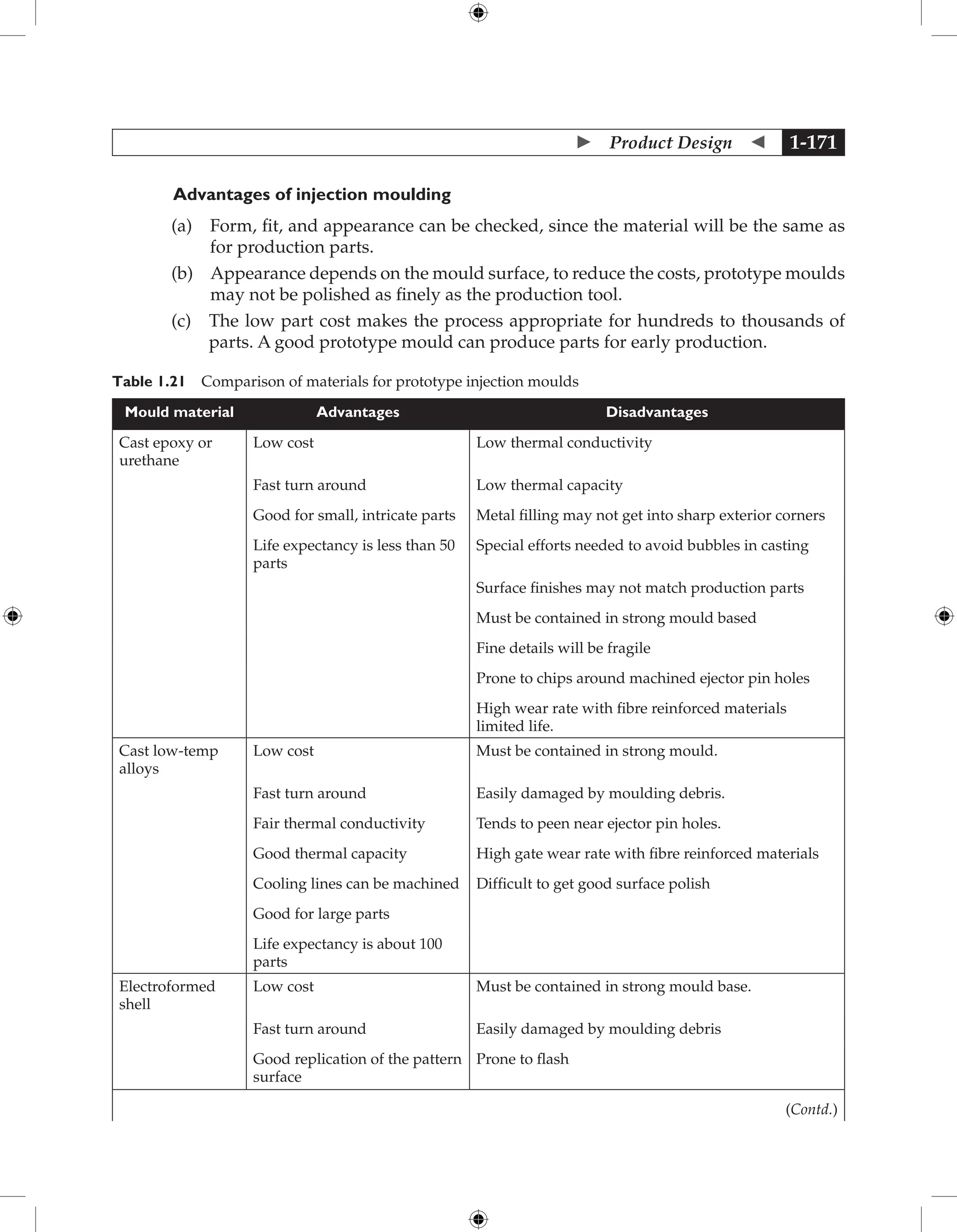  Product Design  1-171
	Advantages of injection moulding
		 (a) 
Form, fit, and appearance can be checked, since the material will be the same as
for production parts.
		 (b) 
Appearance depends on the mould surface, to reduce the costs, prototype moulds
may not be polished as finely as the production tool.
		 (c) 
The low part cost makes the process appropriate for hundreds to thousands of
parts. A good prototype mould can produce parts for early production.
Table 1.21 Comparison of materials for prototype injection moulds
Mould material Advantages Disadvantages
Cast epoxy or
urethane
Low cost Low thermal conductivity
Fast turn around Low thermal capacity
Good for small, intricate parts Metal filling may not get into sharp exterior corners
Life expectancy is less than 50
parts
Special efforts needed to avoid bubbles in casting
Surface finishes may not match production parts
Must be contained in strong mould based
Fine details will be fragile
Prone to chips around machined ejector pin holes
High wear rate with fibre reinforced materials
limited life.
Cast low-temp
alloys
Low cost Must be contained in strong mould.
Fast turn around Easily damaged by moulding debris.
Fair thermal conductivity Tends to peen near ejector pin holes.
Good thermal capacity High gate wear rate with fibre reinforced materials
Cooling lines can be machined Difficult to get good surface polish
Good for large parts
Life expectancy is about 100
parts
Electroformed
shell
Low cost Must be contained in strong mould base.
Fast turn around Easily damaged by moulding debris
Good replication of the pattern
surface
Prone to flash
(Contd.)
 