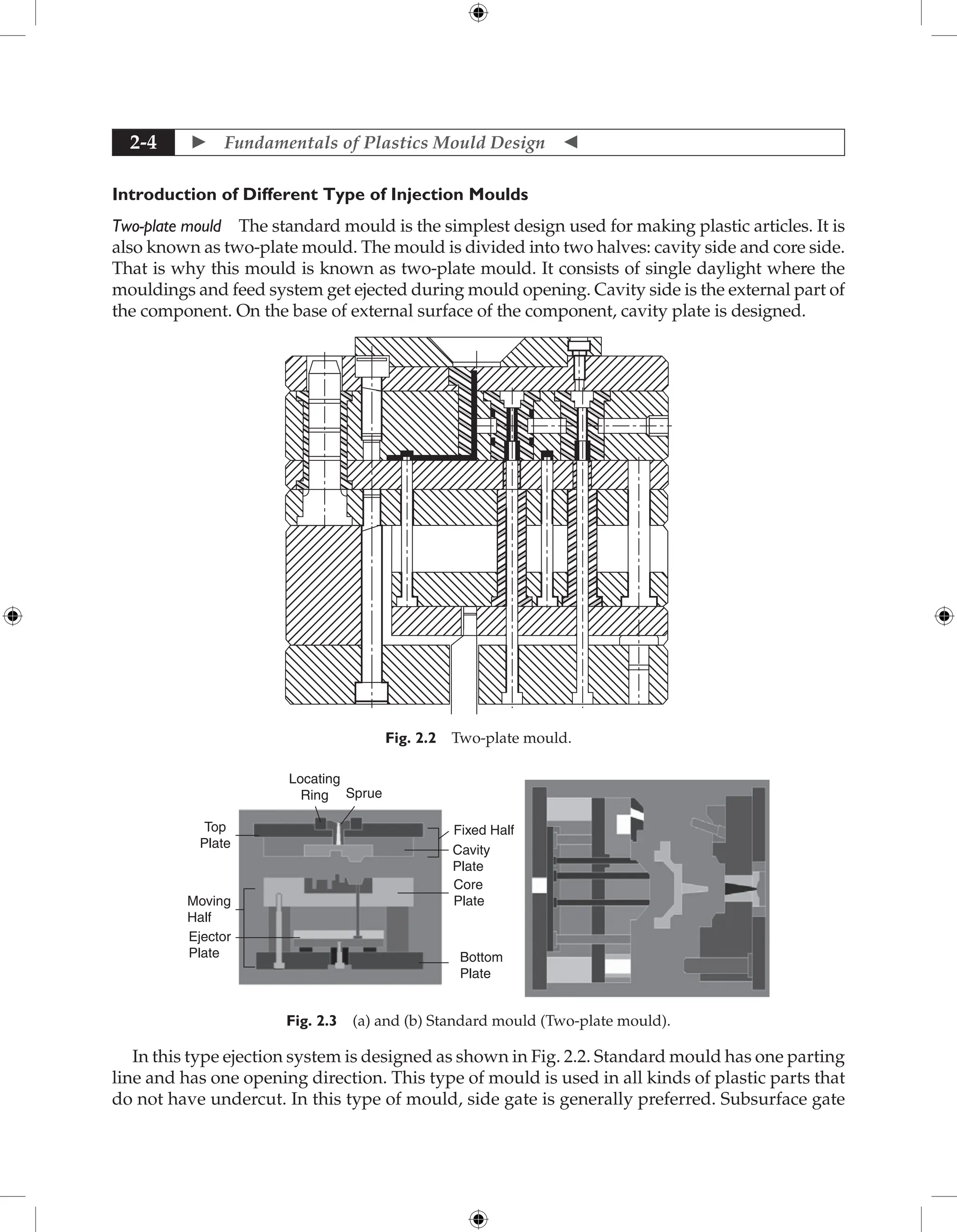  Fundamentals of Plastics Mould Design 
2-4
Introduction of Different Type of Injection Moulds
Two-plate mould The standard mould is the simplest design used for making plastic articles. It is
also known as two-plate mould. The mould is divided into two halves: cavity side and core side.
That is why this mould is known as two-plate mould. It consists of single daylight where the
mouldings and feed system get ejected during mould opening. Cavity side is the external part of
the component. On the base of external surface of the component, cavity plate is designed.
Fig. 2.2 Two-plate mould.
Locating
Ring Sprue
Top
Plate
Fixed Half
Cavity
Plate
Core
Plate
Bottom
Plate
Moving
Half
Ejector
Plate
Fig. 2.3 (a) and (b) Standard mould (Two-plate mould).
In this type ejection system is designed as shown in Fig. 2.2. Standard mould has one parting
line and has one opening direction. This type of mould is used in all kinds of plastic parts that
do not have undercut. In this type of mould, side gate is generally preferred. Subsurface gate
 