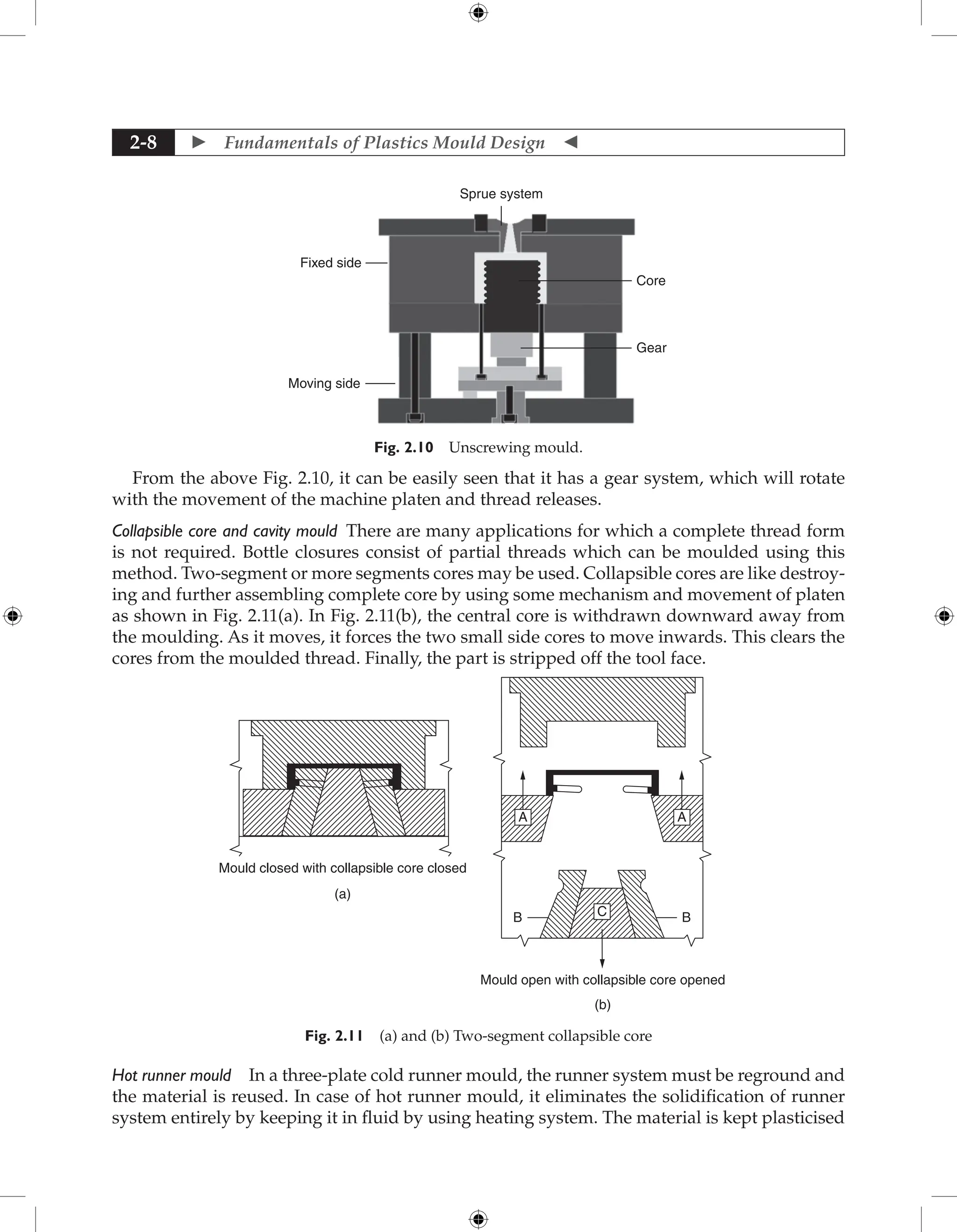  Fundamentals of Plastics Mould Design 
2-8
Sprue system
Core
Gear
Moving side
Fixed side
Fig. 2.10 Unscrewing mould.
From the above Fig. 2.10, it can be easily seen that it has a gear system, which will rotate
with the movement of the machine platen and thread releases.
Collapsible core and cavity mould There are many applications for which a complete thread form
is not required. Bottle closures consist of partial threads which can be moulded using this
method. Two-segment or more segments cores may be used. Collapsible cores are like destroy-
ing and further assembling complete core by using some mechanism and movement of platen
as shown in Fig. 2.11(a). In Fig. 2.11(b), the central core is withdrawn downward away from
the moulding. As it moves, it forces the two small side cores to move inwards. This clears the
cores from the moulded thread. Finally, the part is stripped off the tool face.
Mould closed with collapsible core closed
(a)
(b)
A A
B
B C
Mould open with collapsible core opened
Fig. 2.11 (a) and (b) Two-segment collapsible core
Hot runner mould In a three-plate cold runner mould, the runner system must be reground and
the material is reused. In case of hot runner mould, it eliminates the solidification of runner
system entirely by keeping it in fluid by using heating system. The material is kept plasticised
 