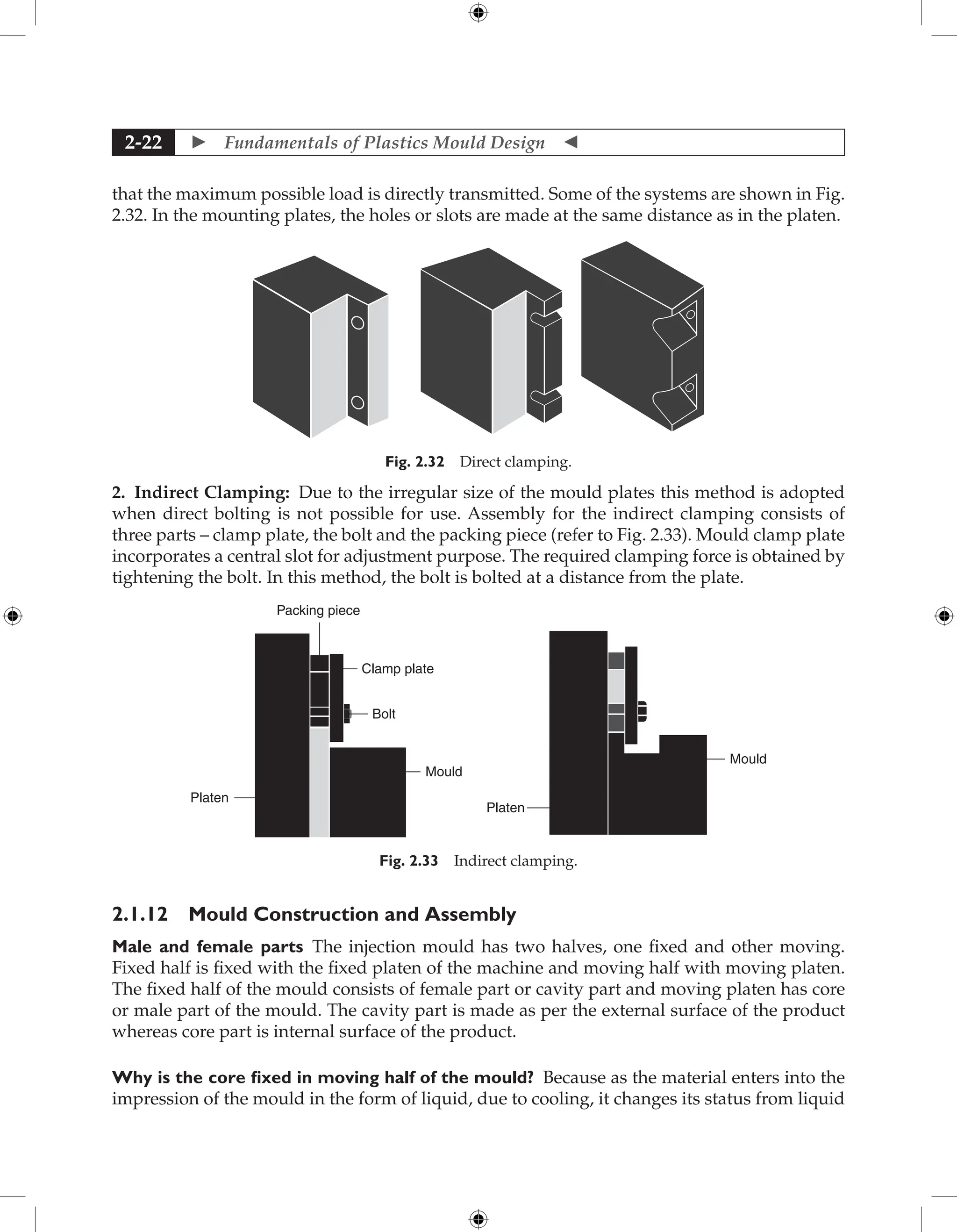  Fundamentals of Plastics Mould Design 
2-22
that the maximum possible load is directly transmitted. Some of the systems are shown in Fig.
2.32. In the mounting plates, the holes or slots are made at the same distance as in the platen.
Fig. 2.32 Direct clamping.
2. Indirect Clamping: Due to the irregular size of the mould plates this method is adopted
when direct bolting is not possible for use. Assembly for the indirect clamping consists of
three parts – clamp plate, the bolt and the packing piece (refer to Fig. 2.33). Mould clamp plate
incorporates a central slot for adjustment purpose. The required clamping force is obtained by
tightening the bolt. In this method, the bolt is bolted at a distance from the plate.
Packing piece
Clamp plate
Bolt
Mould
Platen
Mould
Platen
Fig. 2.33 Indirect clamping.
2.1.12 Mould Construction and Assembly
Male and female parts The injection mould has two halves, one fixed and other moving.
Fixed half is fixed with the fixed platen of the machine and moving half with moving platen.
The fixed half of the mould consists of female part or cavity part and moving platen has core
or male part of the mould. The cavity part is made as per the external surface of the product
whereas core part is internal surface of the product.
Why is the core fixed in moving half of the mould? Because as the material enters into the
impression of the mould in the form of liquid, due to cooling, it changes its status from liquid
 
