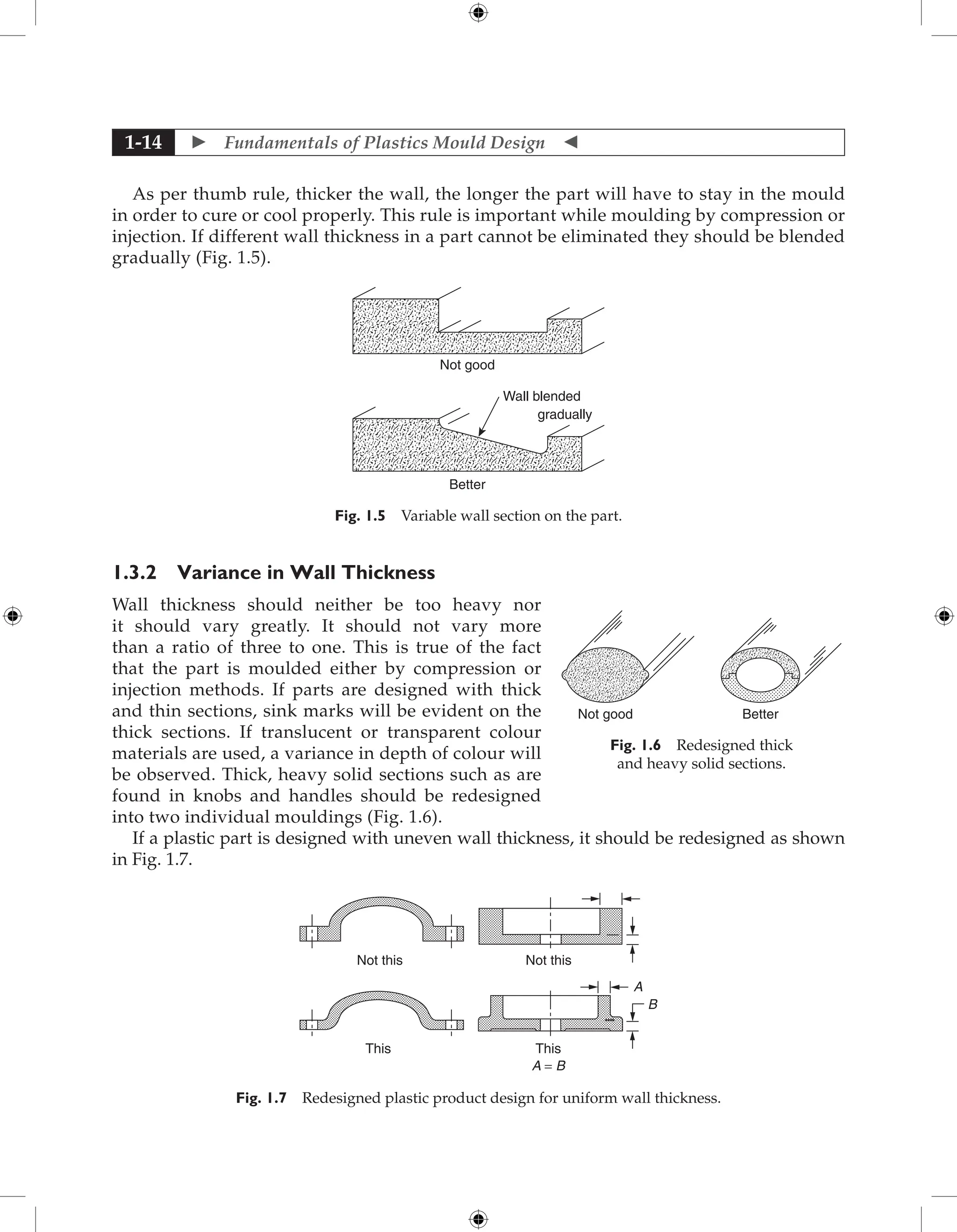  Fundamentals of Plastics Mould Design 
1-14
As per thumb rule, thicker the wall, the longer the part will have to stay in the mould
in order to cure or cool properly. This rule is important while moulding by compression or
injection. If different wall thickness in a part cannot be eliminated they should be blended
gradually (Fig. 1.5).
Not good
Wall blended
gradually
Better
Fig. 1.5 Variable wall section on the part.
1.3.2 Variance in Wall Thickness
Wall thickness should neither be too heavy nor
it should vary greatly. It should not vary more
than a ratio of three to one. This is true of the fact
that the part is moulded either by compression or
injection methods. If parts are designed with thick
and thin sections, sink marks will be evident on the
thick sections. If translucent or transparent colour
materials are used, a variance in depth of colour will
be observed. Thick, heavy solid sections such as are
found in knobs and handles should be redesigned
into two individual mouldings (Fig. 1.6).
If a plastic part is designed with uneven wall thickness, it should be redesigned as shown
in Fig. 1.7.
Not this Not this
This
A = B
A
B
This
Fig. 1.7 Redesigned plastic product design for uniform wall thickness.
Fig. 1.6 Redesigned thick
and heavy solid sections.
Not good Better
 