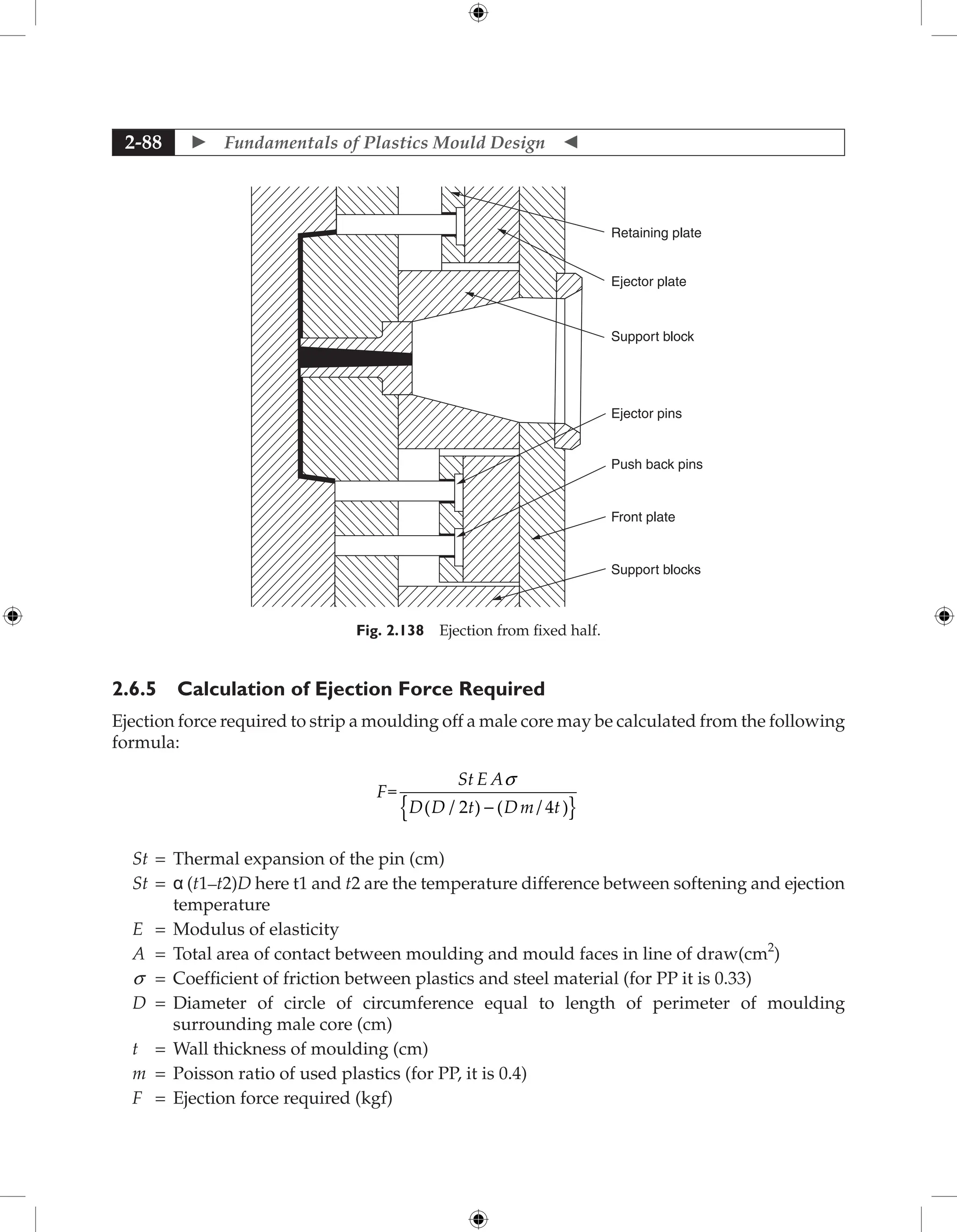  Fundamentals of Plastics Mould Design 
2-88
Retaining plate
Ejector plate
Support block
Ejector pins
Push back pins
Front plate
Support blocks
Fig. 2.138 Ejection from fixed half.
2.6.5 Calculation of Ejection Force Required
Ejection force required to strip a moulding off a male core may be calculated from the following
formula:
F
St E A
D D t Dm t
=
s
( / ) ( / )
2 4
- }
{
St = Thermal expansion of the pin (cm)
St = 	
α (t1–t2)D here t1 and t2 are the temperature difference between softening and ejection
temperature
E = Modulus of elasticity
A = Total area of contact between moulding and mould faces in line of draw(cm2
)
s = Coefficient of friction between plastics and steel material (for PP it is 0.33)
D = 	
Diameter of circle of circumference equal to length of perimeter of moulding
surrounding male core (cm)
t = Wall thickness of moulding (cm)
m = Poisson ratio of used plastics (for PP, it is 0.4)
F = Ejection force required (kgf)
 