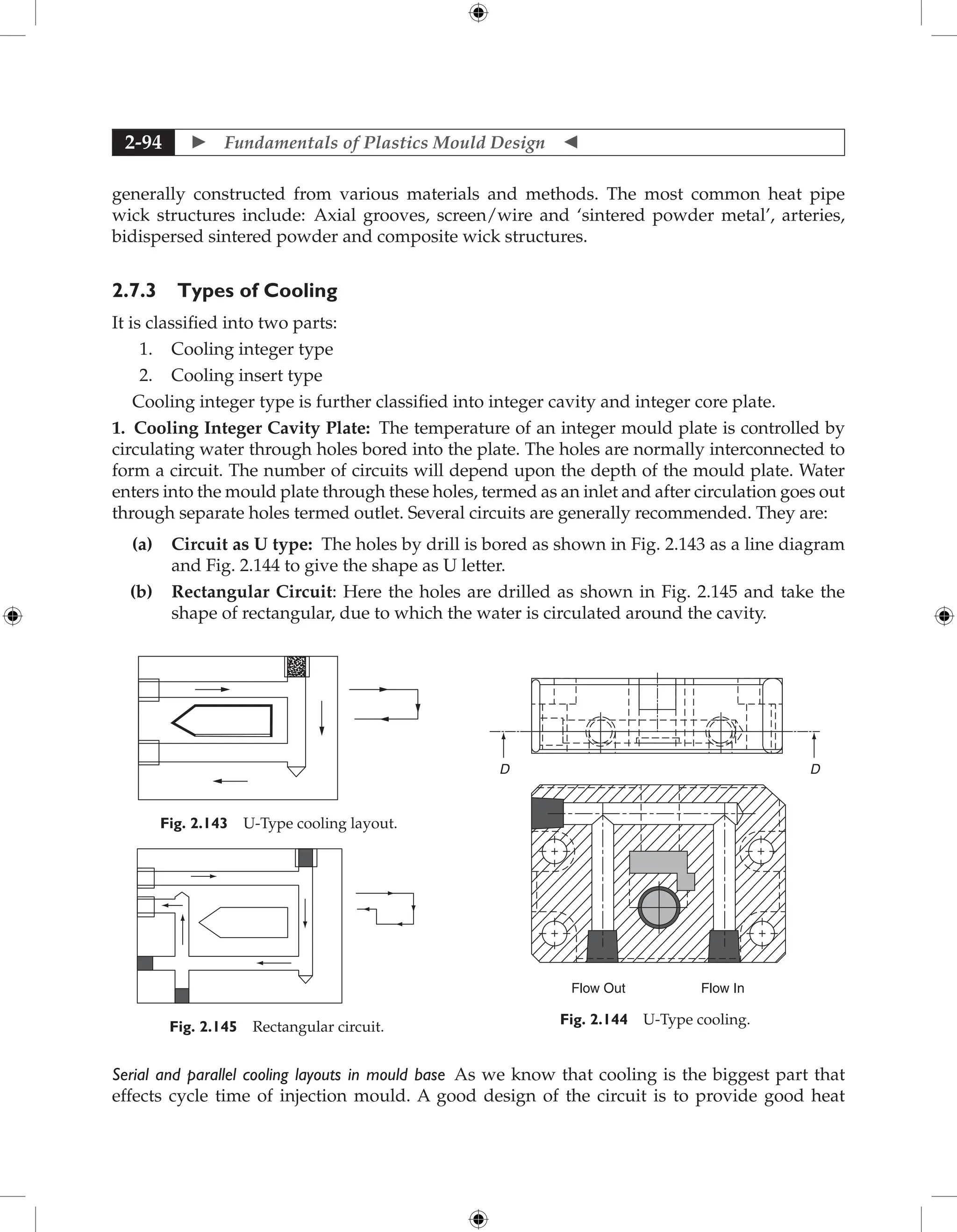  Fundamentals of Plastics Mould Design 
2-94
generally constructed from various materials and methods. The most common heat pipe
wick structures include: Axial grooves, screen/wire and ‘sintered powder metal’, arteries,
bidispersed sintered powder and composite wick structures.
2.7.3 Types of Cooling
It is classified into two parts:
1. Cooling integer type
2. Cooling insert type
Cooling integer type is further classified into integer cavity and integer core plate.
1. Cooling Integer Cavity Plate: The temperature of an integer mould plate is controlled by
circulating water through holes bored into the plate. The holes are normally interconnected to
form a circuit. The number of circuits will depend upon the depth of the mould plate. Water
enters into the mould plate through these holes, termed as an inlet and after circulation goes out
through separate holes termed outlet. Several circuits are generally recommended. They are:
(a) Circuit as U type: The holes by drill is bored as shown in Fig. 2.143 as a line diagram
and Fig. 2.144 to give the shape as U letter.
(b) Rectangular Circuit: Here the holes are drilled as shown in Fig. 2.145 and take the
shape of rectangular, due to which the water is circulated around the cavity.
Fig. 2.143 U-Type cooling layout.
Fig. 2.144 U-Type cooling.
D D
Flow Out Flow In
Fig. 2.145 Rectangular circuit.
Serial and parallel cooling layouts in mould base As we know that cooling is the biggest part that
effects cycle time of injection mould. A good design of the circuit is to provide good heat
 