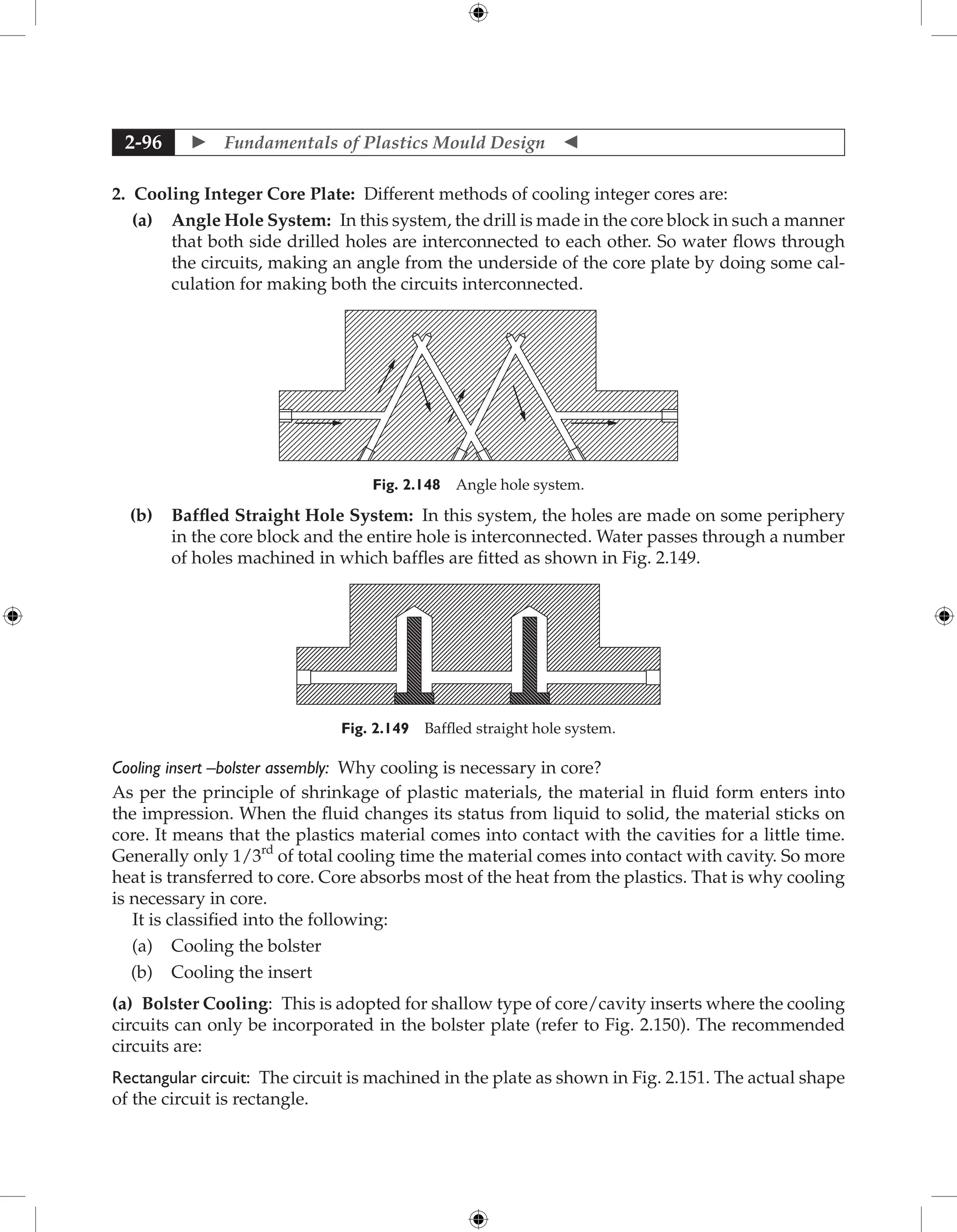  Fundamentals of Plastics Mould Design 
2-96
2. Cooling Integer Core Plate: Different methods of cooling integer cores are:
(a) Angle Hole System: In this system, the drill is made in the core block in such a manner
that both side drilled holes are interconnected to each other. So water flows through
the circuits, making an angle from the underside of the core plate by doing some cal-
culation for making both the circuits interconnected.
Fig. 2.148 Angle hole system.
(b) Baffled Straight Hole System: In this system, the holes are made on some periphery
in the core block and the entire hole is interconnected. Water passes through a number
of holes machined in which baffles are fitted as shown in Fig. 2.149.
Fig. 2.149 Baffled straight hole system.
Cooling insert –bolster assembly: Why cooling is necessary in core?
As per the principle of shrinkage of plastic materials, the material in fluid form enters into
the impression. When the fluid changes its status from liquid to solid, the material sticks on
core. It means that the plastics material comes into contact with the cavities for a little time.
Generally only 1/3rd
of total cooling time the material comes into contact with cavity. So more
heat is transferred to core. Core absorbs most of the heat from the plastics. That is why cooling
is necessary in core.
It is classified into the following:
(a) Cooling the bolster
(b) Cooling the insert
(a) Bolster Cooling: This is adopted for shallow type of core/cavity inserts where the cooling
circuits can only be incorporated in the bolster plate (refer to Fig. 2.150). The recommended
circuits are:
Rectangular circuit: The circuit is machined in the plate as shown in Fig. 2.151. The actual shape
of the circuit is rectangle.
 