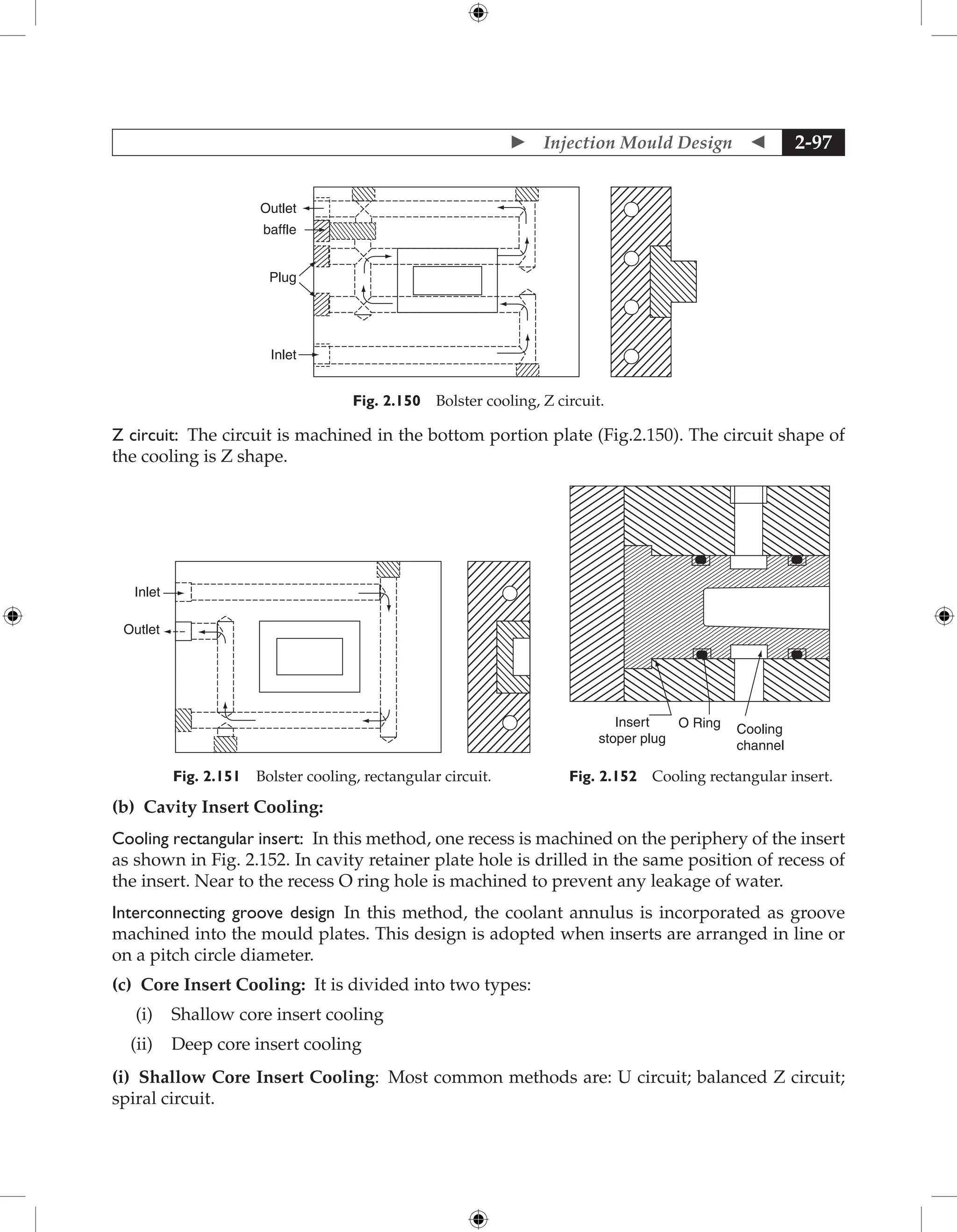  Injection Mould Design  2-97
Outlet
baffle
Plug
Inlet
Fig. 2.150 Bolster cooling, Z circuit.
Z circuit: The circuit is machined in the bottom portion plate (Fig.2.150). The circuit shape of
the cooling is Z shape.
O Ring Cooling
channel
Insert
stoper plug
Fig. 2.152 Cooling rectangular insert.
Inlet
Outlet
Fig. 2.151 Bolster cooling, rectangular circuit.
(b) Cavity Insert Cooling:
Cooling rectangular insert: In this method, one recess is machined on the periphery of the insert
as shown in Fig. 2.152. In cavity retainer plate hole is drilled in the same position of recess of
the insert. Near to the recess O ring hole is machined to prevent any leakage of water.
Interconnecting groove design In this method, the coolant annulus is incorporated as groove
machined into the mould plates. This design is adopted when inserts are arranged in line or
on a pitch circle diameter.
(c) Core Insert Cooling: It is divided into two types:
(i) Shallow core insert cooling
(ii) Deep core insert cooling
(i) Shallow Core Insert Cooling: Most common methods are: U circuit; balanced Z circuit;
spiral circuit.
 