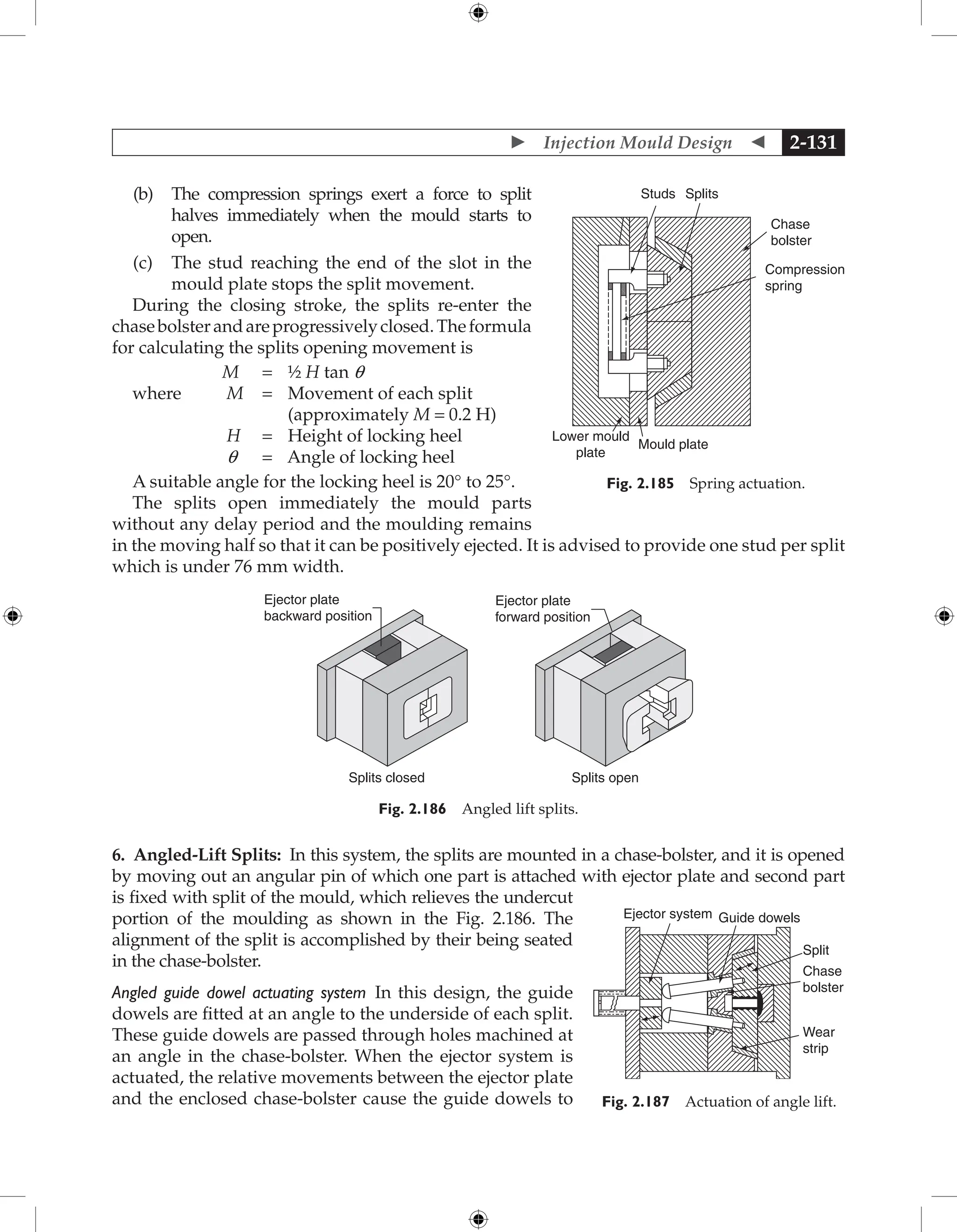  Injection Mould Design  2-131
(b) The compression springs exert a force to split
halves immediately when the mould starts to
open.
(c) The stud reaching the end of the slot in the
mould plate stops the split movement.
During the closing stroke, the splits re-enter the
chasebolsterandareprogressivelyclosed.Theformula
for calculating the splits opening movement is
M = ½ H tan q
where M = 
Movement of each split
(approximately M = 0.2 H)
H = Height of locking heel
q = Angle of locking heel
A suitable angle for the locking heel is 20° to 25°.
The splits open immediately the mould parts
without any delay period and the moulding remains
in the moving half so that it can be positively ejected. It is advised to provide one stud per split
which is under 76 mm width.
Ejector plate
backward position
Splits closed Splits open
Ejector plate
forward position
Fig. 2.186 Angled lift splits.
6. Angled-Lift Splits: In this system, the splits are mounted in a chase-bolster, and it is opened
by moving out an angular pin of which one part is attached with ejector plate and second part
is fixed with split of the mould, which relieves the undercut
portion of the moulding as shown in the Fig. 2.186. The
alignment of the split is accomplished by their being seated
in the chase-bolster.
Angled guide dowel actuating system In this design, the guide
dowels are fitted at an angle to the underside of each split.
These guide dowels are passed through holes machined at
an angle in the chase-bolster. When the ejector system is
actuated, the relative movements between the ejector plate
and the enclosed chase-bolster cause the guide dowels to
Chase
bolster
Studs Splits
Compression
spring
Mould plate
Lower mould
plate
Fig. 2.185 Spring actuation.
Ejector system Guide dowels
Split
Chase
bolster
Wear
strip
Fig. 2.187 Actuation of angle lift.
 