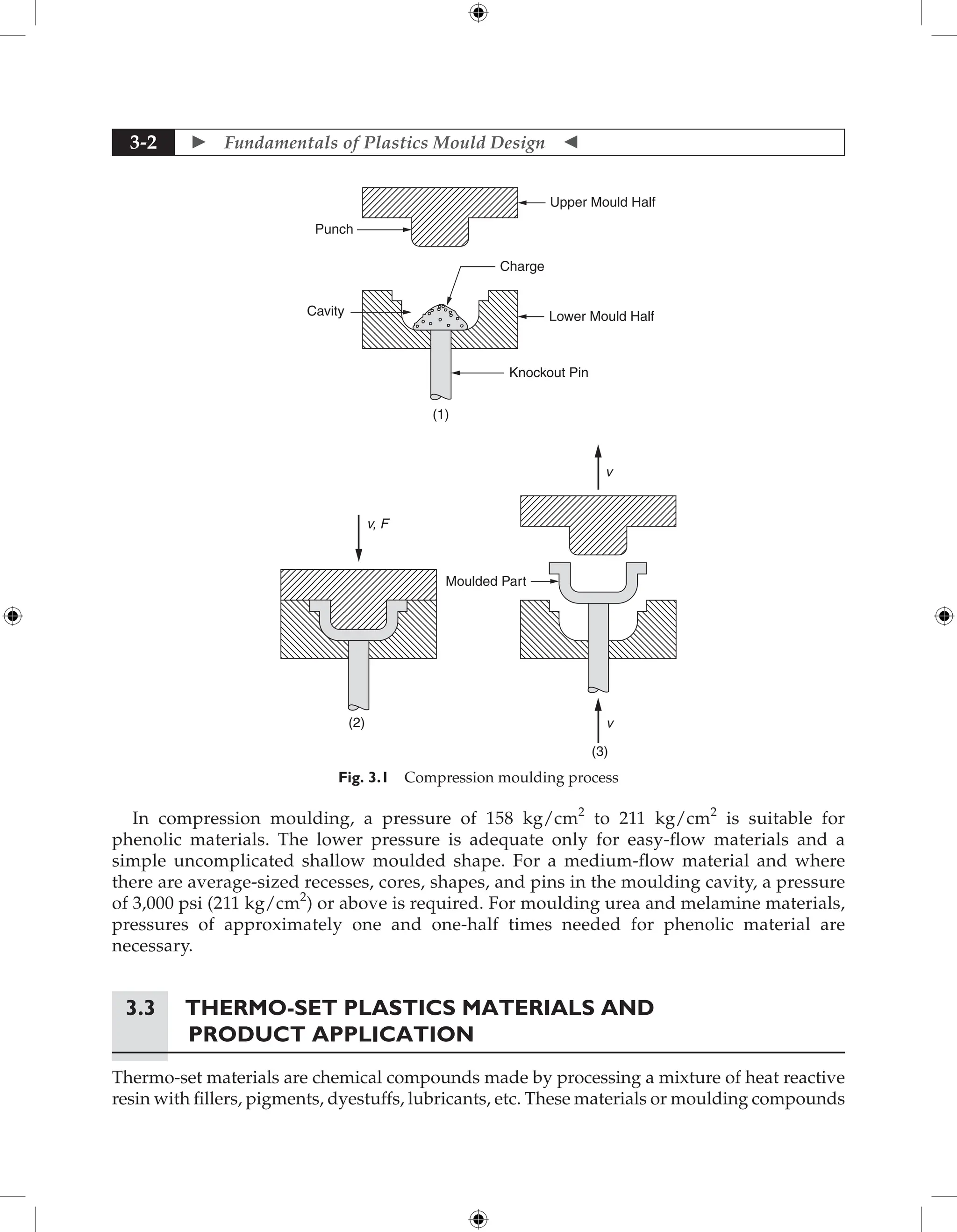  Fundamentals of Plastics Mould Design 
3-2
Punch
Upper Mould Half
Cavity
Charge
Lower Mould Half
Knockout Pin
(1)
v, F
v
v
Moulded Part
(2)
(3)
Fig. 3.1 Compression moulding process
In compression moulding, a pressure of 158 kg/cm2
to 211 kg/cm2
is suitable for
phenolic materials. The lower pressure is adequate only for easy-flow materials and a
simple uncomplicated shallow moulded shape. For a medium-flow material and where
there are average-sized recesses, cores, shapes, and pins in the moulding cavity, a pressure
of 3,000 psi (211 kg/cm2
) or above is required. For moulding urea and melamine materials,
pressures of approximately one and one-half times needed for phenolic material are
necessary.
3.3	Thermo-set Plastics Materials and
Product application
Thermo-set materials are chemical compounds made by processing a mixture of heat reactive
resin with fillers, pigments, dyestuffs, lubricants, etc. These materials or moulding compounds
 