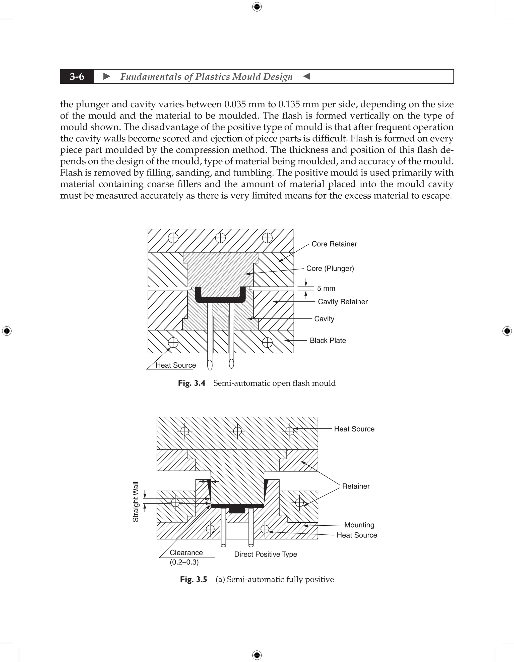  Fundamentals of Plastics Mould Design 
3-6
the plunger and cavity varies between 0.035 mm to 0.135 mm per side, depending on the size
of the mould and the material to be moulded. The flash is formed vertically on the type of
mould shown. The disadvantage of the positive type of mould is that after frequent operation
the cavity walls become scored and ejection of piece parts is difficult. Flash is formed on every
piece part moulded by the compression method. The thickness and position of this flash de-
pends on the design of the mould, type of material being moulded, and accuracy of the mould.
Flash is removed by filling, sanding, and tumbling. The positive mould is used primarily with
material containing coarse fillers and the amount of material placed into the mould cavity
must be measured accurately as there is very limited means for the excess material to escape.
Core Retainer
Core (Plunger)
Cavity Retainer
Cavity
5 mm
Black Plate
Heat Source
Fig. 3.4 Semi-automatic open flash mould
Direct Positive Type
Mounting
Retainer
Heat Source
Heat Source
Clearance
Straight
Wall
(0.2−0.3)
Fig. 3.5 (a) Semi-automatic fully positive
 