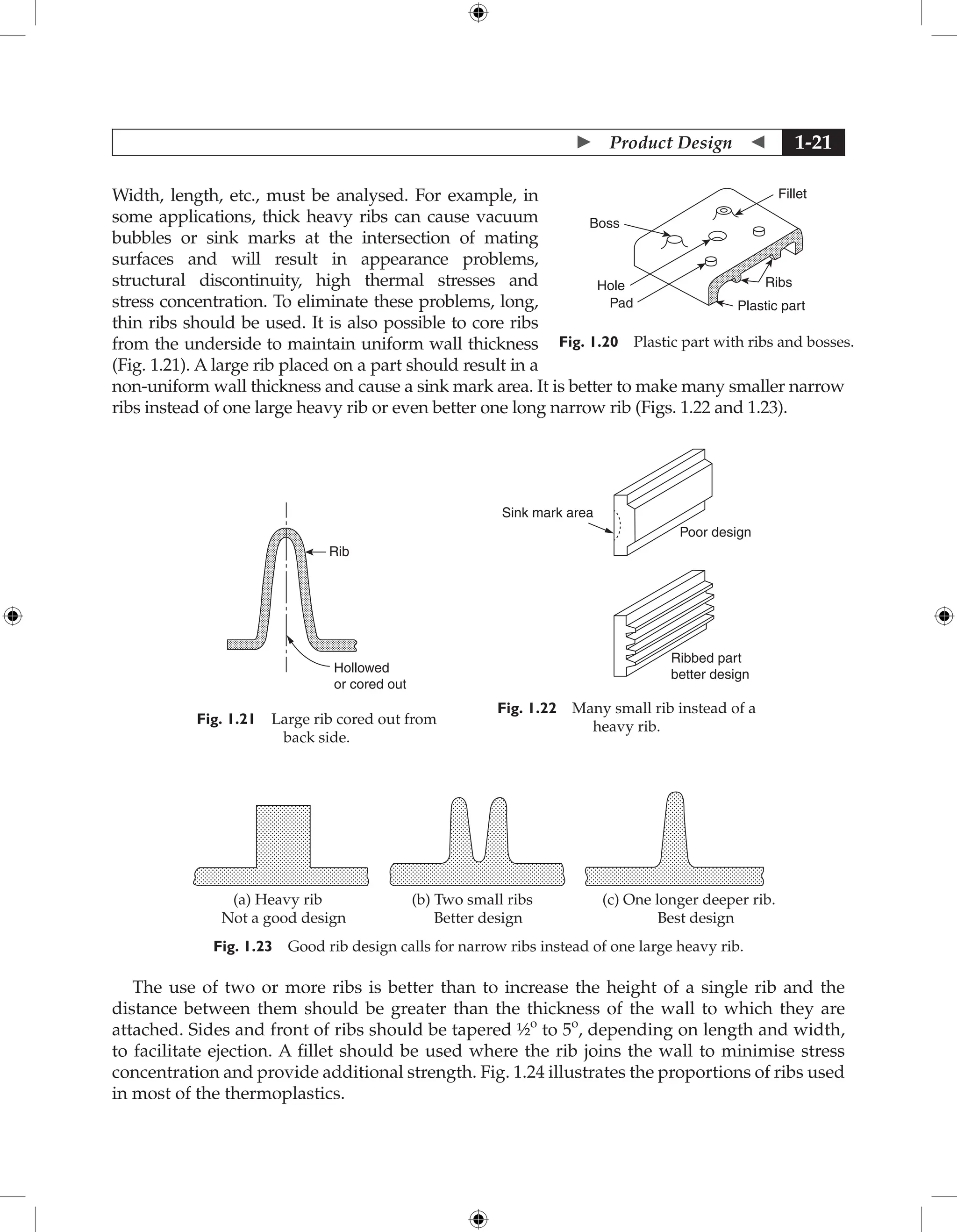  Product Design  1-21
Width, length, etc., must be analysed. For example, in
some applications, thick heavy ribs can cause vacuum
bubbles or sink marks at the intersection of mating
surfaces and will result in appearance problems,
structural discontinuity, high thermal stresses and
stress concentration. To eliminate these problems, long,
thin ribs should be used. It is also possible to core ribs
from the underside to maintain uniform wall thickness
(Fig. 1.21). A large rib placed on a part should result in a
non-uniform wall thickness and cause a sink mark area. It is better to make many smaller narrow
ribs instead of one large heavy rib or even better one long narrow rib (Figs. 1.22 and 1.23).
Fig. 1.21 Large rib cored out from
back side.
Rib
Hollowed
or cored out
Sink mark area
Ribbed part
better design
Poor design
Fig. 1.22 Many small rib instead of a
heavy rib.
(a) Heavy rib (b) Two small ribs (c) One longer deeper rib.
Not a good design Better design Best design
Fig. 1.23 Good rib design calls for narrow ribs instead of one large heavy rib.
The use of two or more ribs is better than to increase the height of a single rib and the
distance between them should be greater than the thickness of the wall to which they are
attached. Sides and front of ribs should be tapered ½o
to 5o
, depending on length and width,
to facilitate ejection. A fillet should be used where the rib joins the wall to minimise stress
concentration and provide additional strength. Fig. 1.24 illustrates the proportions of ribs used
in most of the thermoplastics.
Fig. 1.20 Plastic part with ribs and bosses.
Boss
Hole
Pad Plastic part
Ribs
Fillet
 