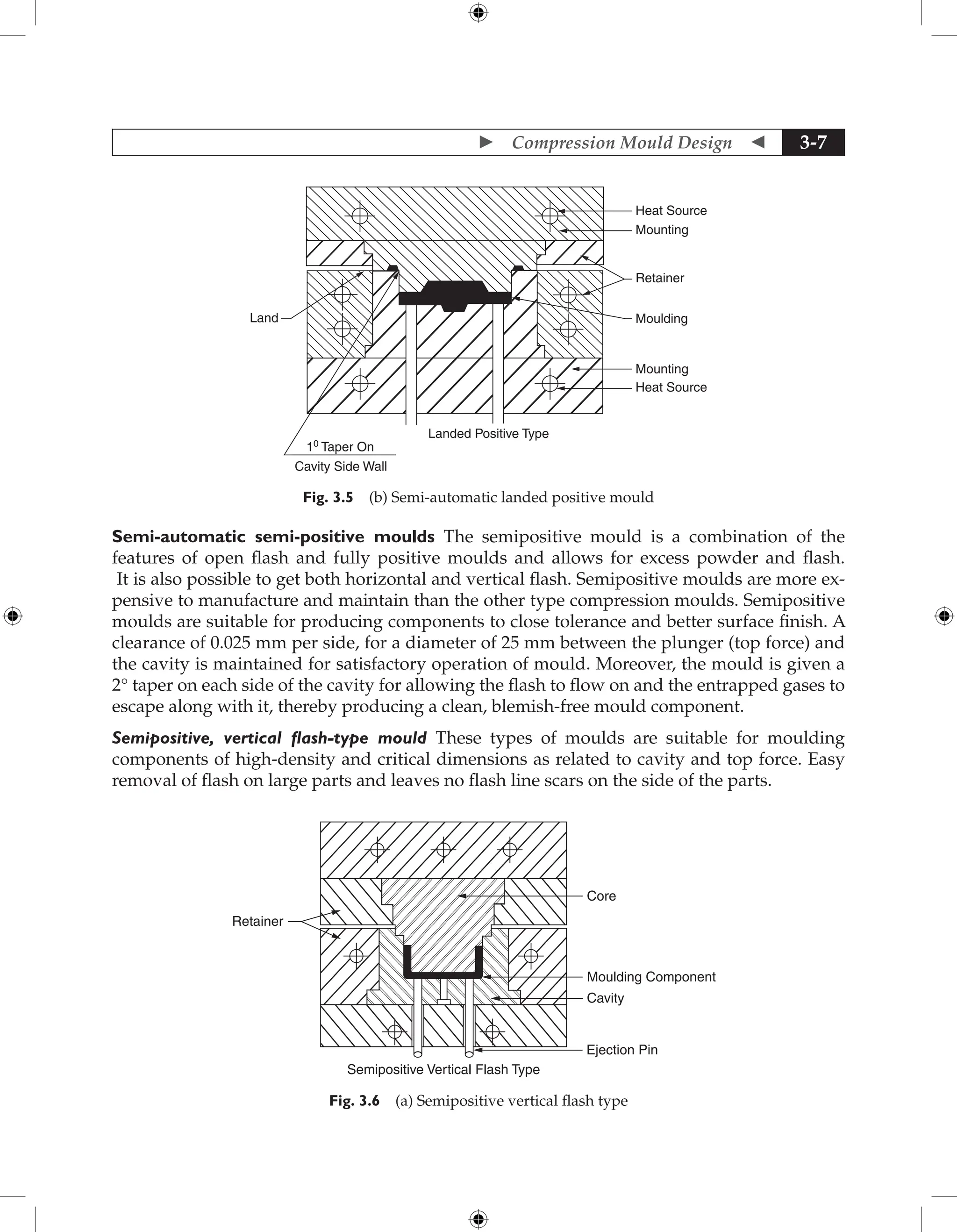  Compression Mould Design  3-7
Mounting
Retainer
Moulding
Mounting
Heat Source
Land
Landed Positive Type
Cavity Side Wall
10 Taper On
Heat Source
Fig. 3.5 (b) Semi-automatic landed positive mould
Semi-automatic semi-positive moulds The semipositive mould is a combination of the
features of open flash and fully positive moulds and allows for excess powder and flash.
It is also possible to get both horizontal and vertical flash. Semipositive moulds are more ex-
pensive to manufacture and maintain than the other type compression moulds. Semipositive
moulds are suitable for producing components to close tolerance and better surface finish. A
clearance of 0.025 mm per side, for a diameter of 25 mm between the plunger (top force) and
the cavity is maintained for satisfactory operation of mould. Moreover, the mould is given a
2° taper on each side of the cavity for allowing the flash to flow on and the entrapped gases to
escape along with it, thereby producing a clean, blemish-free mould component.
Semipositive, vertical flash-type mould These types of moulds are suitable for moulding
components of high-density and critical dimensions as related to cavity and top force. Easy
removal of flash on large parts and leaves no flash line scars on the side of the parts.
Core
Cavity
Ejection Pin
Retainer
Semipositive Vertical Flash Type
Moulding Component
Fig. 3.6 (a) Semipositive vertical flash type
 