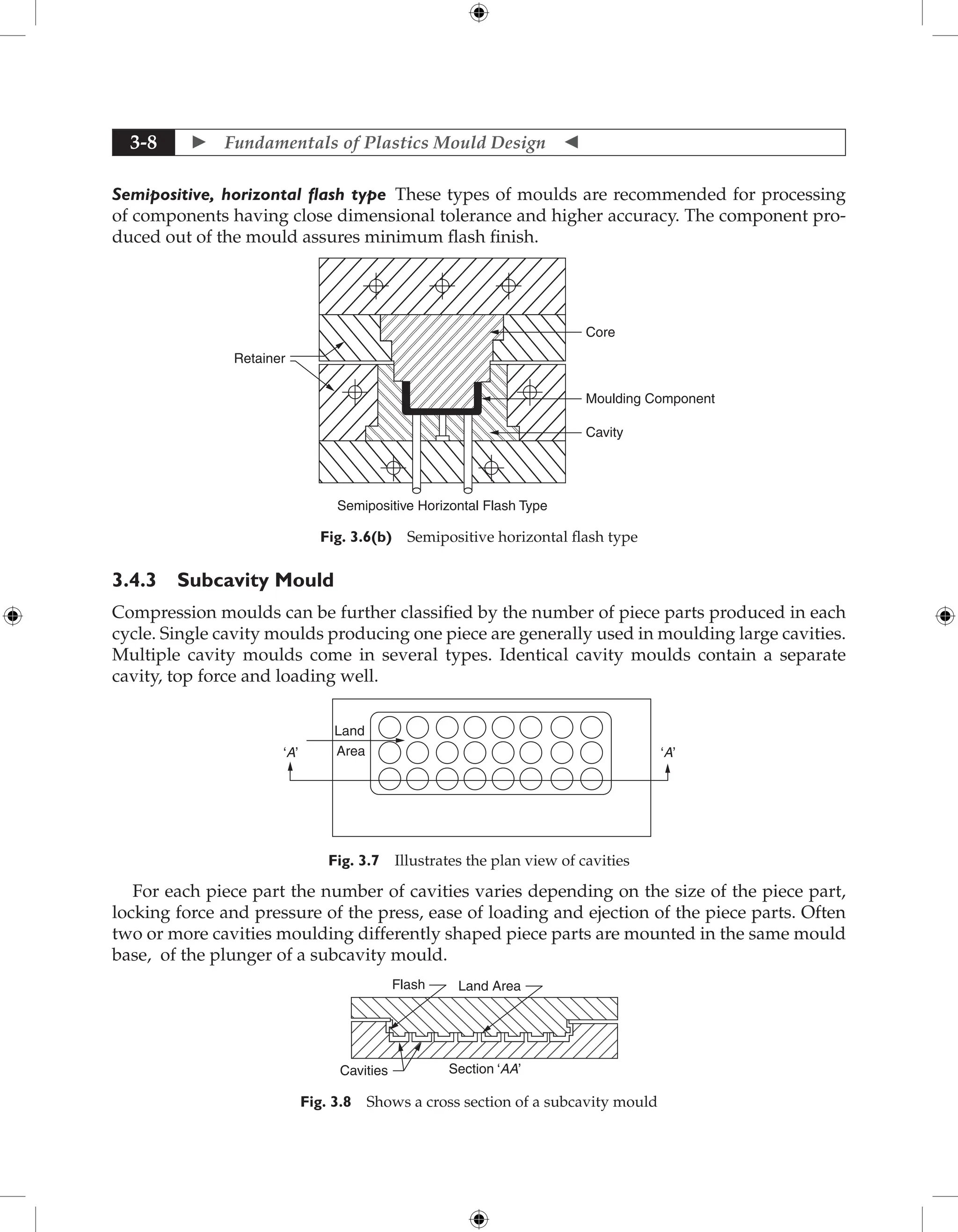  Fundamentals of Plastics Mould Design 
3-8
Semipositive, horizontal flash type These types of moulds are recommended for processing
of components having close dimensional tolerance and higher accuracy. The component pro-
duced out of the mould assures minimum flash finish.
Core
Cavity
Retainer
Semipositive Horizontal Flash Type
Moulding Component
Fig. 3.6(b) Semipositive horizontal flash type
3.4.3 Subcavity Mould
Compression moulds can be further classified by the number of piece parts produced in each
cycle. Single cavity moulds producing one piece are generally used in moulding large cavities.
Multiple cavity moulds come in several types. Identical cavity moulds contain a separate
cavity, top force and loading well.
Area
‘A’ ‘A’
Land
Fig. 3.7 Illustrates the plan view of cavities
For each piece part the number of cavities varies depending on the size of the piece part,
locking force and pressure of the press, ease of loading and ejection of the piece parts. Often
two or more cavities moulding differently shaped piece parts are mounted in the same mould
base, of the plunger of a subcavity mould.
Cavities Section ‘AA’
Land Area
Flash
Fig. 3.8 Shows a cross section of a subcavity mould
 