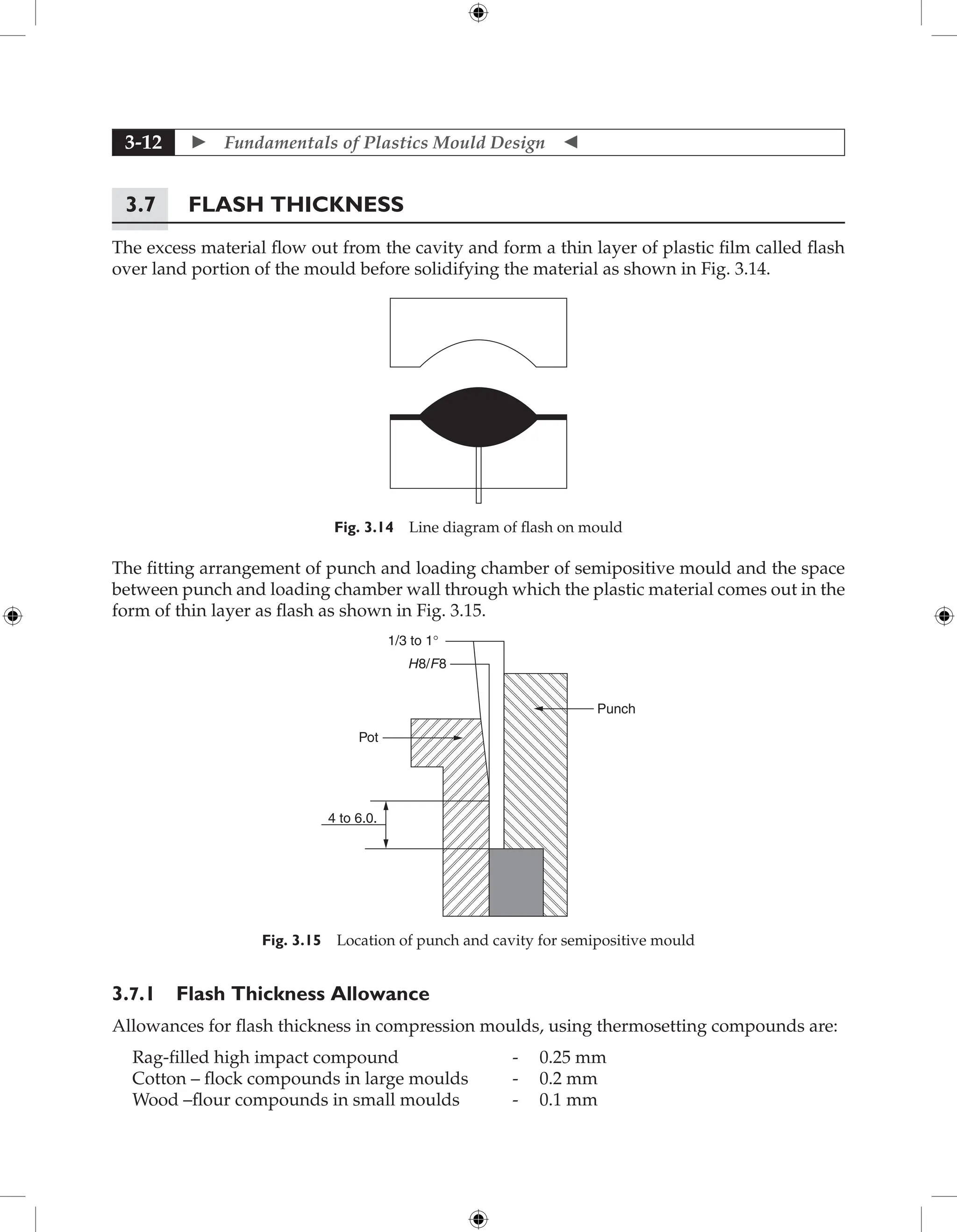  Fundamentals of Plastics Mould Design 
3-12
3.7 Flash Thickness
The excess material flow out from the cavity and form a thin layer of plastic film called flash
over land portion of the mould before solidifying the material as shown in Fig. 3.14.
Fig. 3.14 Line diagram of flash on mould
The fitting arrangement of punch and loading chamber of semipositive mould and the space
between punch and loading chamber wall through which the plastic material comes out in the
form of thin layer as flash as shown in Fig. 3.15.
Punch
H8/F8
Pot
4 to 6.0.
1/3 to 1°
Fig. 3.15 Location of punch and cavity for semipositive mould
3.7.1 Flash Thickness Allowance
Allowances for flash thickness in compression moulds, using thermosetting compounds are:
Rag-filled high impact compound - 0.25 mm
Cotton – flock compounds in large moulds - 0.2 mm
Wood –flour compounds in small moulds - 0.1 mm
 