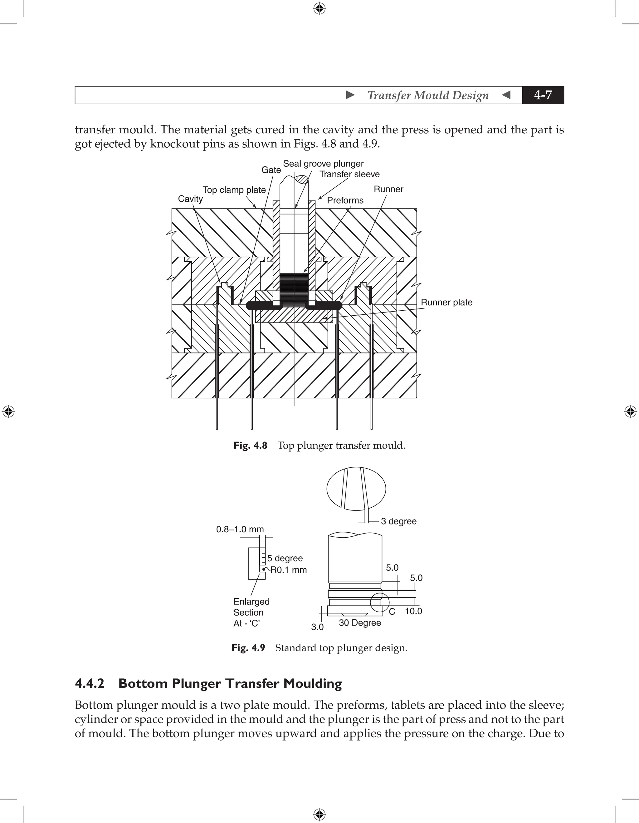  Transfer Mould Design  4-7
transfer mould. The material gets cured in the cavity and the press is opened and the part is
got ejected by knockout pins as shown in Figs. 4.8 and 4.9.
Runner plate
Cavity
Top clamp plate
Gate
Seal groove plunger
Transfer sleeve
Runner
Preforms
Fig. 4.8 Top plunger transfer mould.
5.0
5.0
10.0
C
30 Degree
3.0
3 degree
0.8−1.0 mm
5 degree
R0.1 mm
Enlarged
Section
At - ‘C’
Fig. 4.9 Standard top plunger design.
4.4.2 Bottom Plunger Transfer Moulding
Bottom plunger mould is a two plate mould. The preforms, tablets are placed into the sleeve;
cylinder or space provided in the mould and the plunger is the part of press and not to the part
of mould. The bottom plunger moves upward and applies the pressure on the charge. Due to
 