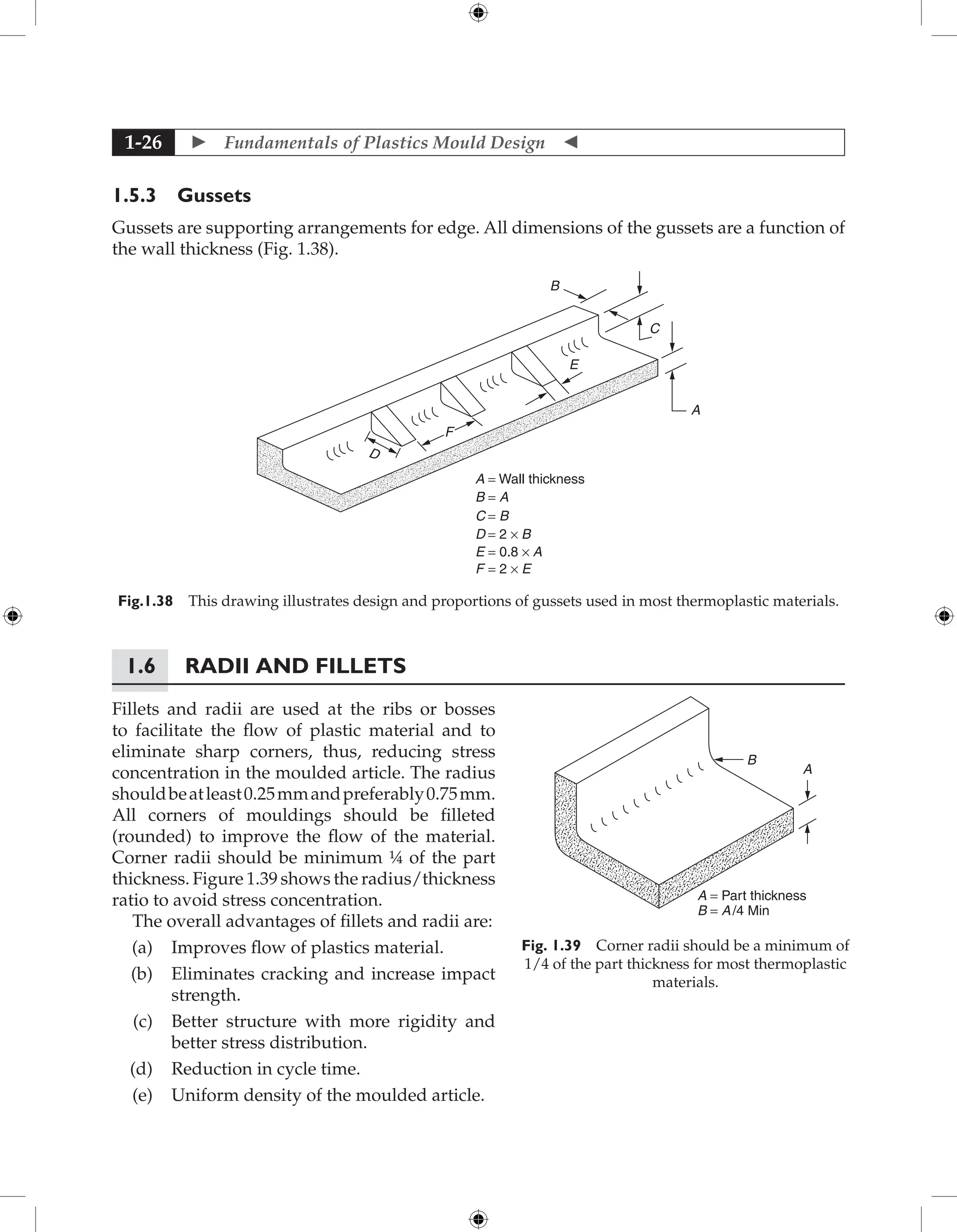  Fundamentals of Plastics Mould Design 
1-26
1.5.3 Gussets
Gussets are supporting arrangements for edge. All dimensions of the gussets are a function of
the wall thickness (Fig. 1.38).
A = Wall thickness
B = A
C = B
D = 2 × B
E = 0.8 × A
F = 2 × E
A
C
B
E
F
D
Fig.1.38 This drawing illustrates design and proportions of gussets used in most thermoplastic materials.
1.6	Radii and Fillets
Fillets and radii are used at the ribs or bosses
to facilitate the flow of plastic material and to
eliminate sharp corners, thus, reducing stress
concentration in the moulded article. The radius
shouldbeatleast0.25mmandpreferably0.75mm.
All corners of mouldings should be filleted
(rounded) to improve the flow of the material.
Corner radii should be minimum ¼ of the part
thickness. Figure 1.39 shows the radius/thickness
ratio to avoid stress concentration.
The overall advantages of fillets and radii are:
(a) Improves flow of plastics material.
(b) Eliminates cracking and increase impact
strength.
(c) Better structure with more rigidity and
better stress distribution.
(d) Reduction in cycle time.
(e) Uniform density of the moulded article.
A = Part thickness
A
B
B = A/4 Min
Fig. 1.39 Corner radii should be a minimum of
1/4 of the part thickness for most thermoplastic
materials.
 