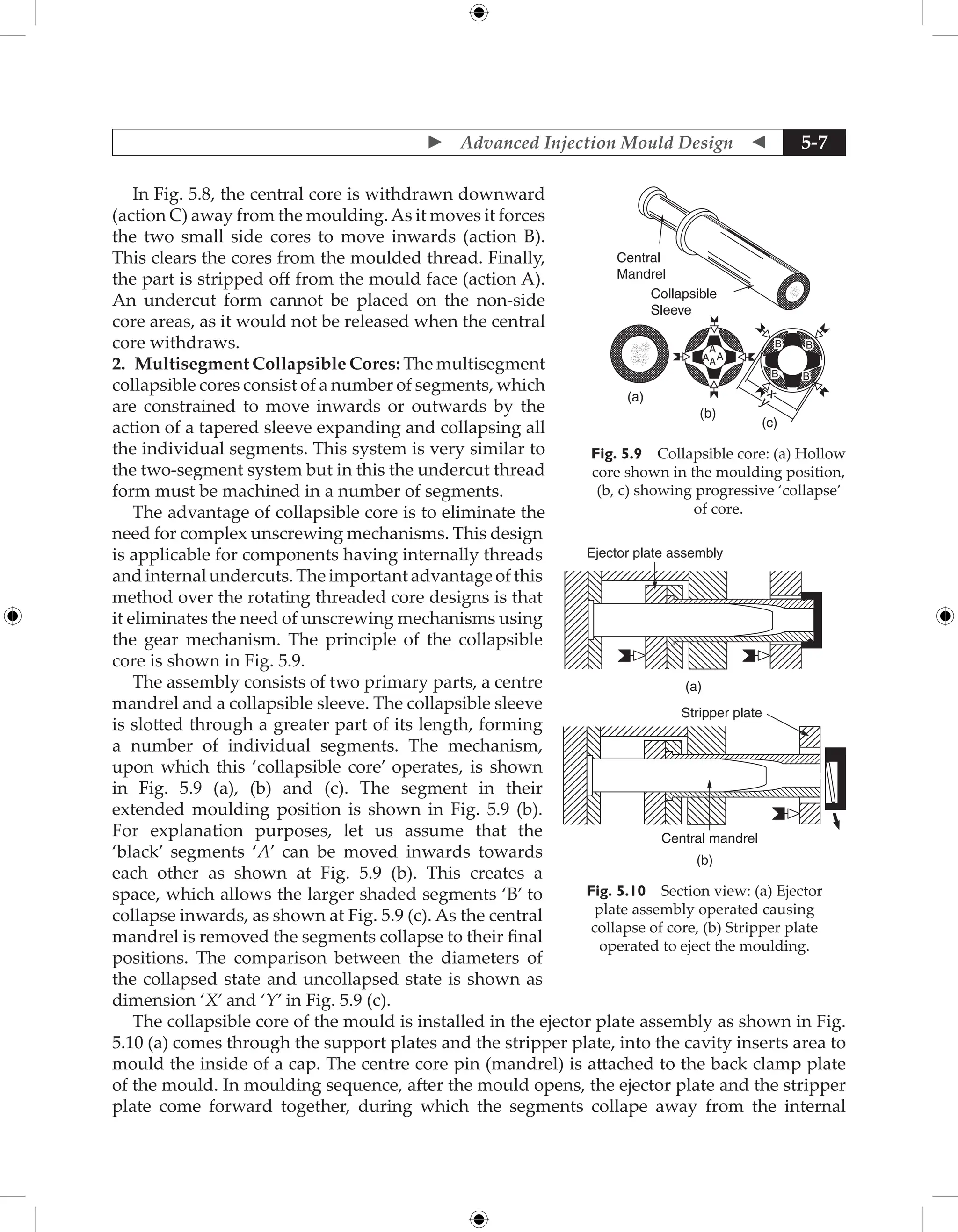  Advanced Injection Mould Design  5-7
In Fig. 5.8, the central core is withdrawn downward
(action C) away from the moulding.As it moves it forces
the two small side cores to move inwards (action B).
This clears the cores from the moulded thread. Finally,
the part is stripped off from the mould face (action A).
An undercut form cannot be placed on the non-side
core areas, as it would not be released when the central
core withdraws.
2. Multisegment Collapsible Cores: The multisegment
collapsible cores consist of a number of segments, which
are constrained to move inwards or outwards by the
action of a tapered sleeve expanding and collapsing all
the individual segments. This system is very similar to
the two-segment system but in this the undercut thread
form must be machined in a number of segments.
The advantage of collapsible core is to eliminate the
need for complex unscrewing mechanisms. This design
is applicable for components having internally threads
and internal undercuts. The important advantage of this
method over the rotating threaded core designs is that
it eliminates the need of unscrewing mechanisms using
the gear mechanism. The principle of the collapsible
core is shown in Fig. 5.9.
The assembly consists of two primary parts, a centre
mandrel and a collapsible sleeve. The collapsible sleeve
is slotted through a greater part of its length, forming
a number of individual segments. The mechanism,
upon which this ‘collapsible core’ operates, is shown
in Fig. 5.9 (a), (b) and (c). The segment in their
extended moulding position is shown in Fig. 5.9 (b).
For explanation purposes, let us assume that the
‘black’ segments ‘A’ can be moved inwards towards
each other as shown at Fig. 5.9 (b). This creates a
space, which allows the larger shaded segments ‘B’ to
collapse inwards, as shown at Fig. 5.9 (c). As the central
mandrel is removed the segments collapse to their final
positions. The comparison between the diameters of
the collapsed state and uncollapsed state is shown as
dimension ‘X’ and ‘Y’ in Fig. 5.9 (c).
The collapsible core of the mould is installed in the ejector plate assembly as shown in Fig.
5.10 (a) comes through the support plates and the stripper plate, into the cavity inserts area to
mould the inside of a cap. The centre core pin (mandrel) is attached to the back clamp plate
of the mould. In moulding sequence, after the mould opens, the ejector plate and the stripper
plate come forward together, during which the segments collape away from the internal
Central
Mandrel
Collapsible
Sleeve
(a)
(b)
(c)
A
A
A
A
B
B
B B
B
B
B B
x
y
Fig. 5.9 Collapsible core: (a) Hollow
core shown in the moulding position,
(b, c) showing progressive ‘collapse’
of core.
(a)
(b)
Ejector plate assembly
Stripper plate
Central mandrel
Fig. 5.10 Section view: (a) Ejector
plate assembly operated causing
collapse of core, (b) Stripper plate
operated to eject the moulding.
 