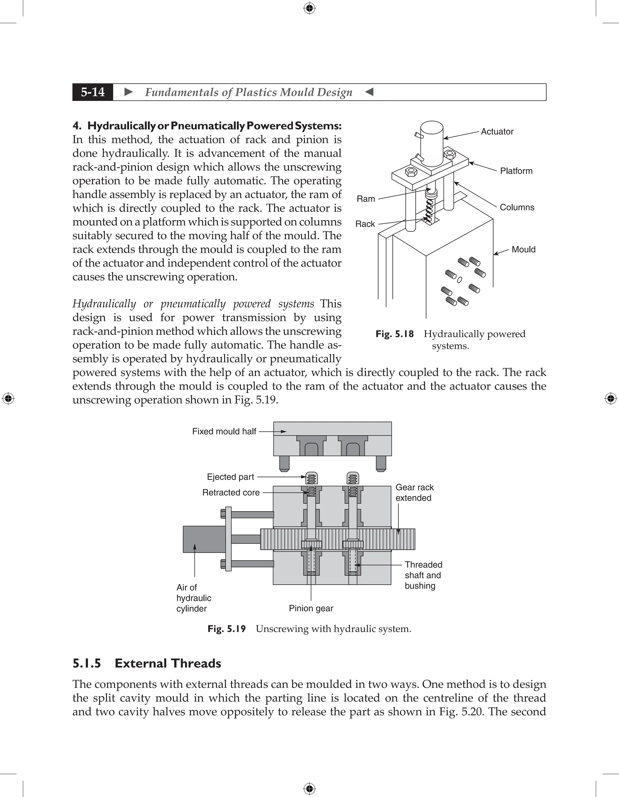  Fundamentals of Plastics Mould Design 
5-14
4. HydraulicallyorPneumaticallyPoweredSystems:
In this method, the actuation of rack and pinion is
done hydraulically. It is advancement of the manual
rack-and-pinion design which allows the unscrewing
operation to be made fully automatic. The operating
handle assembly is replaced by an actuator, the ram of
which is directly coupled to the rack. The ­
actuator is
mounted on a platform which is supported on columns
suitably secured to the moving half of the mould. The
rack extends through the mould is coupled to the ram
of the actuator and independent control of the actuator
causes the ­
unscrewing operation.
Hydraulically or pneumatically powered ­
systems This
­
design is used for power transmission by using
­
rack-and-pinion method which allows the ­
unscrewing
operation to be made fully automatic. The handle as-
sembly is ­
operated by hydraulically or pneumatically
powered systems with the help of an actuator, which is directly coupled to the rack. The rack
extends through the mould is coupled to the ram of the actuator and the actuator causes the
­
unscrewing operation shown in Fig. 5.19.
Pinion gear
Air of
hydraulic
cylinder
Threaded
shaft and
bushing
Gear rack
extended
Retracted core
Ejected part
Fixed mould half
Fig. 5.19 Unscrewing with hydraulic system.
5.1.5 External Threads
The components with external threads can be moulded in two ways. One method is to design
the split cavity mould in which the parting line is located on the centreline of the thread
and two cavity halves move oppositely to release the part as shown in Fig. 5.20. The second
Actuator
Platform
Columns
Ram
Rack
Mould
Fig. 5.18 Hydraulically powered
systems.
 