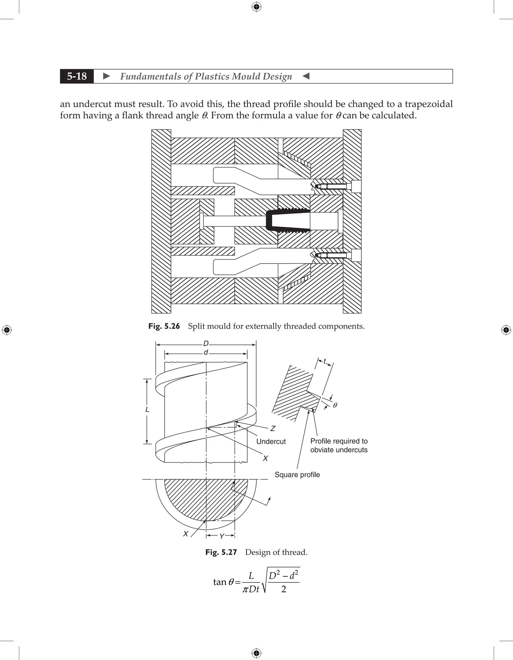  Fundamentals of Plastics Mould Design 
5-18
an undercut must result. To avoid this, the thread profile should be changed to a trapezoidal
form having a flank thread angle q. From the formula a value for q can be calculated.
Fig. 5.26 Split mould for externally threaded components.
Y
X
X
Z
L
D
d
t
Undercut
Square profile
Profile required to
obviate undercuts
q
Fig. 5.27 Design of thread.
tanq
p
=
-
L
Dt
D d
2 2
2
 