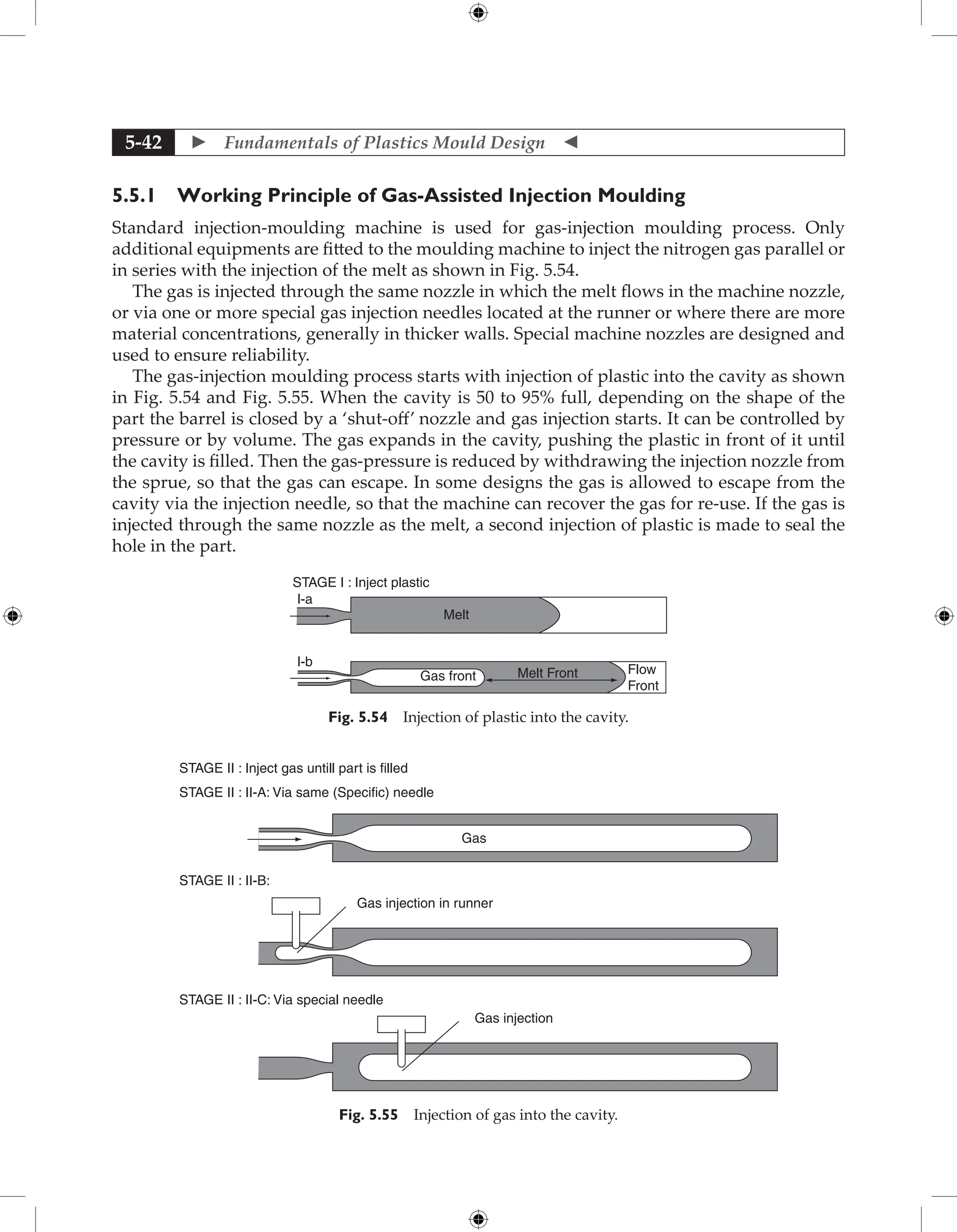  Fundamentals of Plastics Mould Design 
5-42
5.5.1 Working Principle of Gas-Assisted Injection Moulding
Standard injection-moulding machine is used for gas-injection moulding process. Only
additional equipments are fitted to the moulding machine to inject the nitrogen gas parallel or
in series with the injection of the melt as shown in Fig. 5.54.
The gas is injected through the same nozzle in which the melt flows in the machine nozzle,
or via one or more special gas injection needles located at the runner or where there are more
material concentrations, generally in thicker walls. Special machine nozzles are designed and
used to ensure reliability.
The gas-injection moulding process starts with injection of plastic into the cavity as shown
in Fig. 5.54 and Fig. 5.55. When the cavity is 50 to 95% full, depending on the shape of the
part the barrel is closed by a ‘shut-off’ nozzle and gas injection starts. It can be controlled by
pressure or by volume. The gas expands in the cavity, pushing the plastic in front of it until
the cavity is filled. Then the gas-pressure is reduced by withdrawing the injection nozzle from
the sprue, so that the gas can escape. In some designs the gas is allowed to escape from the
cavity via the injection needle, so that the machine can recover the gas for re-use. If the gas is
injected through the same nozzle as the melt, a second injection of plastic is made to seal the
hole in the part.
Gas front
Melt
Flow
Front
Melt Front
STAGE I : Inject plastic
l-a
l-b
Fig. 5.54 Injection of plastic into the cavity.
STAGE II : Inject gas untill part is filled
STAGE II : II-A: Via same (Specific) needle
STAGE II : II-B:
STAGE II : II-C: Via special needle
Gas
Gas injection in runner
Gas injection
Fig. 5.55 Injection of gas into the cavity.
 