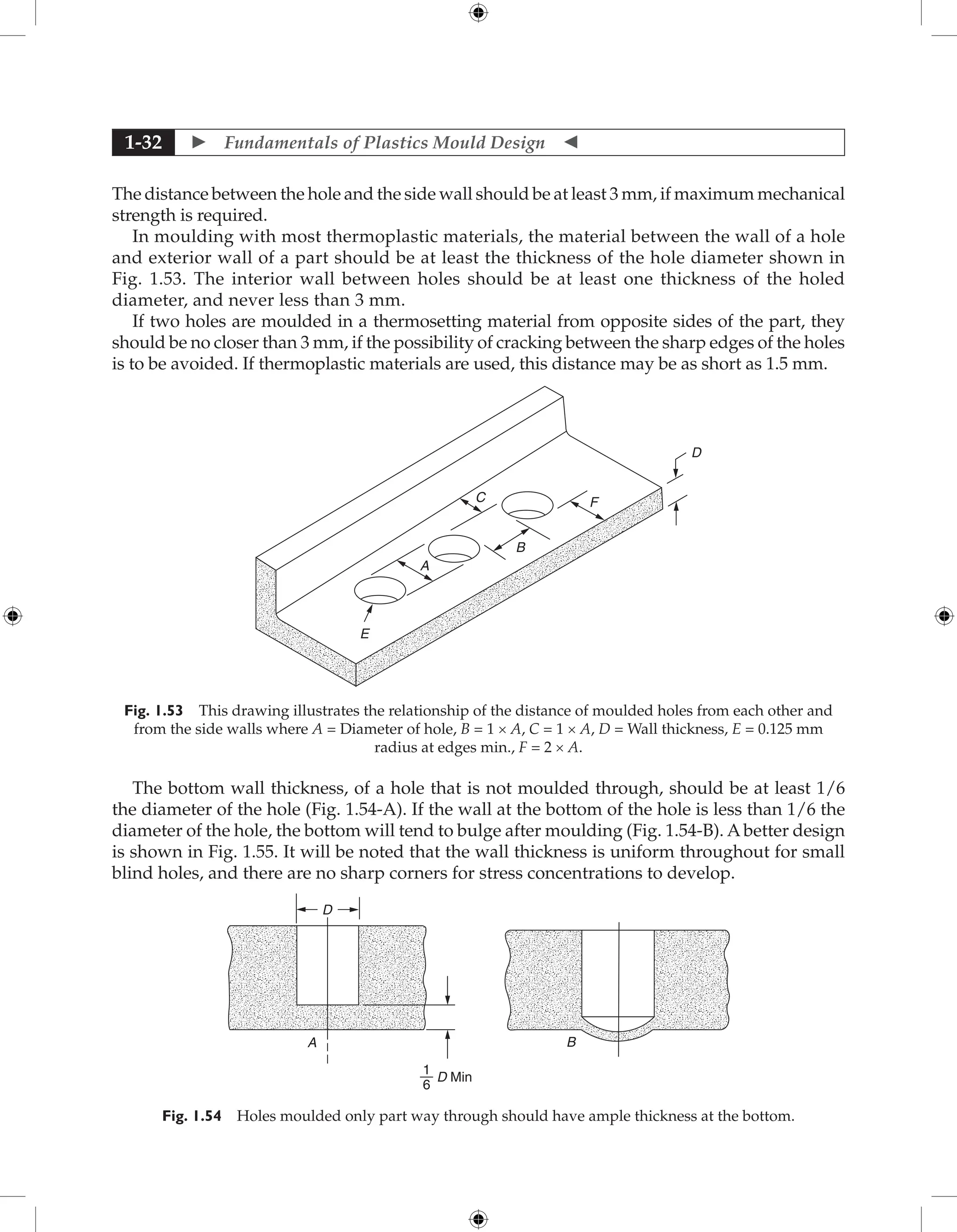  Fundamentals of Plastics Mould Design 
1-32
The distance between the hole and the side wall should be at least 3 mm, if maximum mechanical
strength is required.
In moulding with most thermoplastic materials, the material between the wall of a hole
and exterior wall of a part should be at least the thickness of the hole diameter shown in
Fig. 1.53. The interior wall between holes should be at least one thickness of the holed
diameter, and never less than 3 mm.
If two holes are moulded in a thermosetting material from opposite sides of the part, they
should be no closer than 3 mm, if the possibility of cracking between the sharp edges of the holes
is to be avoided. If thermoplastic materials are used, this distance may be as short as 1.5 mm.
C F
D
B
A
E
Fig. 1.53 This drawing illustrates the relationship of the distance of moulded holes from each other and
from the side walls where A = Diameter of hole, B = 1 × A, C = 1 × A, D = Wall thickness, E = 0.125 mm
radius at edges min., F = 2 × A.
The bottom wall thickness, of a hole that is not moulded through, should be at least 1/6
the diameter of the hole (Fig. 1.54-A). If the wall at the bottom of the hole is less than 1/6 the
diameter of the hole, the bottom will tend to bulge after moulding (Fig. 1.54-B). A better design
is shown in Fig. 1.55. It will be noted that the wall thickness is uniform throughout for small
blind holes, and there are no sharp corners for stress concentrations to develop.
D
A B
1
6
D Min
Fig. 1.54 Holes moulded only part way through should have ample thickness at the bottom.
 