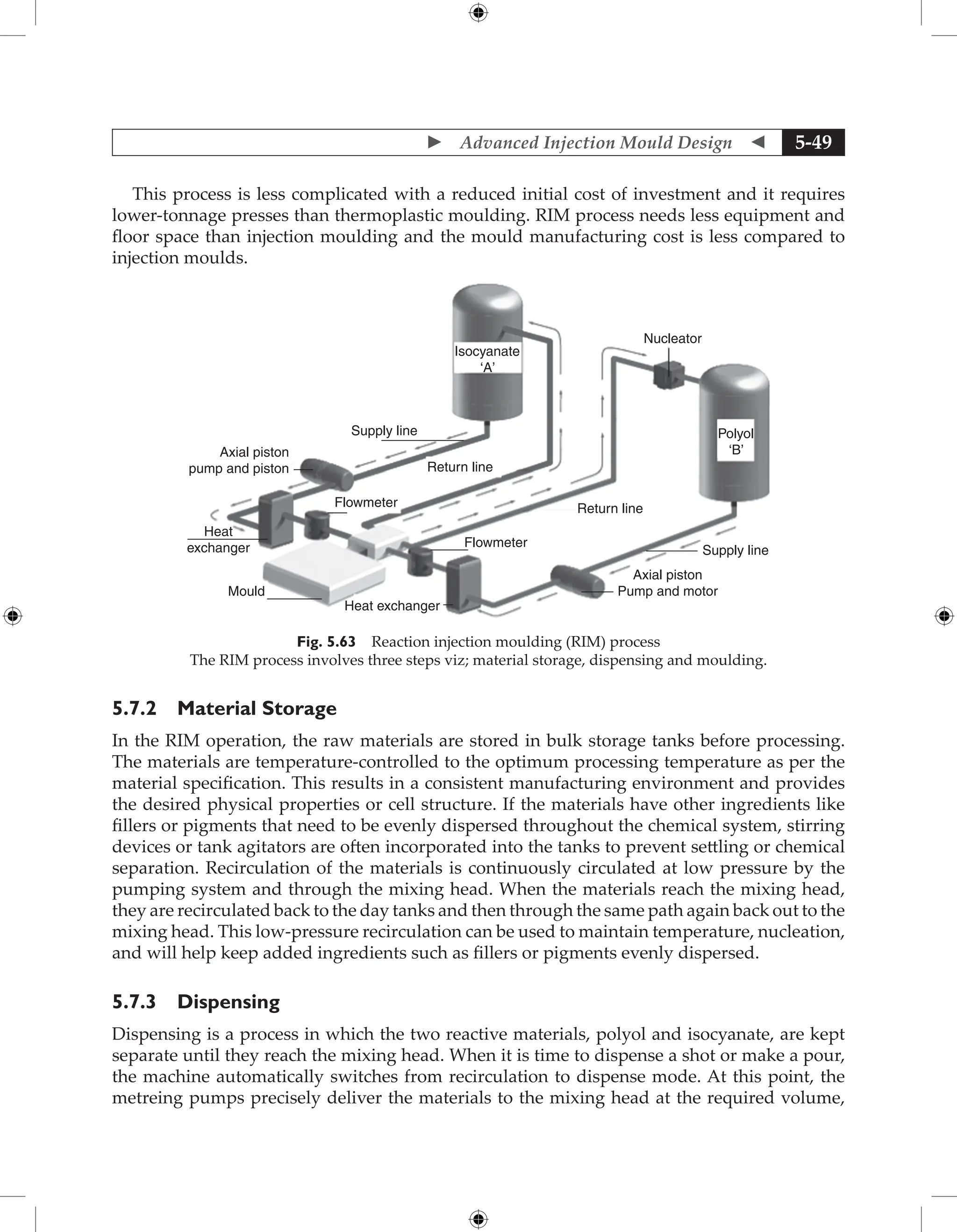  Advanced Injection Mould Design  5-49
This process is less complicated with a reduced initial cost of investment and it requires
lower-tonnage presses than thermoplastic moulding. RIM process needs less equipment and
floor space than injection moulding and the mould manufacturing cost is less compared to
injection moulds.
Isocyanate
‘A’
Nucleator
Polyol
‘B’
Supply line
Axial piston
Pump and motor
Heat exchanger
Flowmeter
Return line
Return line
Flowmeter
Supply line
Axial piston
pump and piston
Heat
exchanger
Mould
Fig. 5.63 Reaction injection moulding (RIM) process
The RIM process involves three steps viz; material storage, dispensing and moulding.
5.7.2 Material Storage
In the RIM operation, the raw materials are stored in bulk storage tanks before processing.
The materials are temperature-controlled to the optimum processing temperature as per the
material specification. This results in a consistent manufacturing environment and provides
the desired physical properties or cell structure. If the materials have other ingredients like
fillers or pigments that need to be evenly dispersed throughout the chemical system, stirring
devices or tank agitators are often incorporated into the tanks to prevent settling or chemical
separation. Recirculation of the materials is continuously circulated at low pressure by the
pumping system and through the mixing head. When the materials reach the mixing head,
they are recirculated back to the day tanks and then through the same path again back out to the
mixing head. This low-pressure recirculation can be used to maintain temperature, nucleation,
and will help keep added ingredients such as fillers or pigments evenly dispersed.
5.7.3 Dispensing
Dispensing is a process in which the two reactive materials, polyol and isocyanate, are kept
separate until they reach the mixing head. When it is time to dispense a shot or make a pour,
the machine automatically switches from recirculation to dispense mode. At this point, the
metreing pumps precisely deliver the materials to the mixing head at the required volume,
 