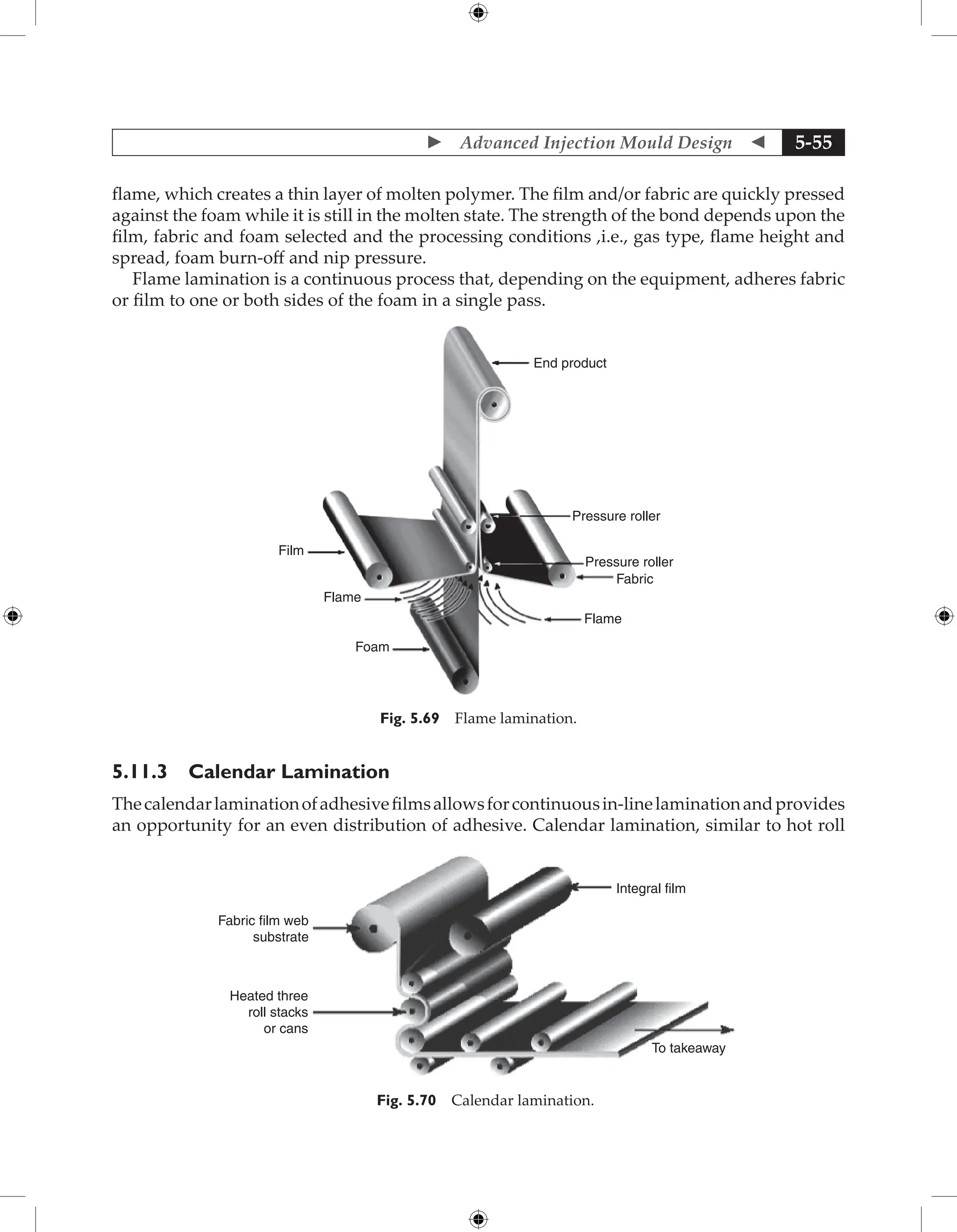  Advanced Injection Mould Design  5-55
flame, which creates a thin layer of molten polymer. The film and/or fabric are quickly pressed
against the foam while it is still in the molten state. The strength of the bond depends upon the
film, fabric and foam selected and the processing conditions ,i.e., gas type, flame height and
spread, foam burn-off and nip pressure.
Flame lamination is a continuous process that, depending on the equipment, adheres fabric
or film to one or both sides of the foam in a single pass.
End product
Pressure roller
Pressure roller
Fabric
Flame
Foam
Flame
Film
Fig. 5.69 Flame lamination.
5.11.3 Calendar Lamination
Thecalendarlaminationofadhesivefilmsallowsforcontinuousin-linelaminationandprovides
an opportunity for an even distribution of adhesive. Calendar lamination, similar to hot roll
Fabric film web
substrate
Heated three
roll stacks
or cans
Integral film
To takeaway
Fig. 5.70 Calendar lamination.
 