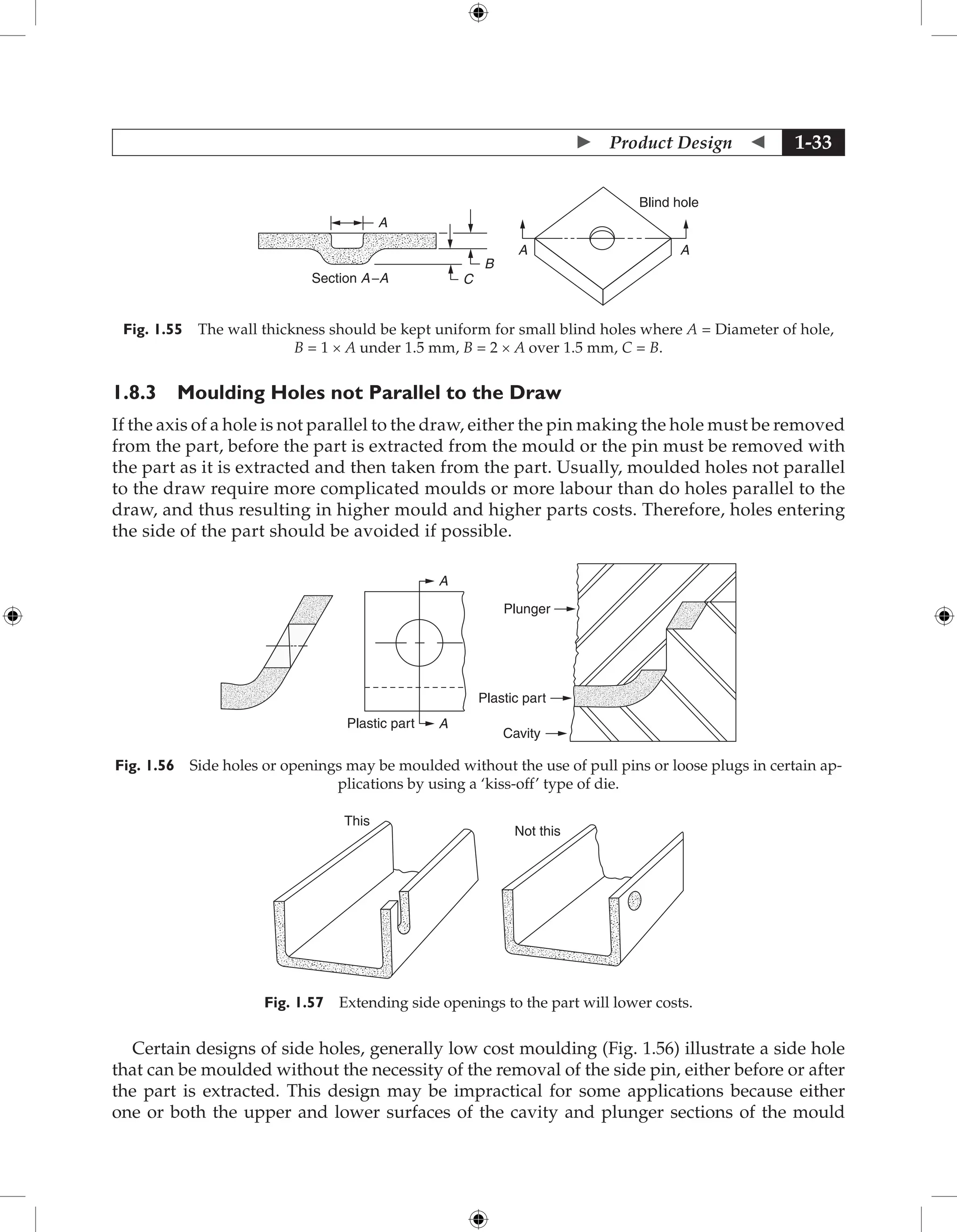  Product Design  1-33
A
C
B
A A
Blind hole
Section A−A
Fig. 1.55 The wall thickness should be kept uniform for small blind holes where A = Diameter of hole,
B = 1 × A under 1.5 mm, B = 2 × A over 1.5 mm, C = B.
1.8.3 Moulding Holes not Parallel to the Draw
If the axis of a hole is not parallel to the draw, either the pin making the hole must be removed
from the part, before the part is extracted from the mould or the pin must be removed with
the part as it is extracted and then taken from the part. Usually, moulded holes not parallel
to the draw require more complicated moulds or more labour than do holes parallel to the
draw, and thus resulting in higher mould and higher parts costs. Therefore, holes entering
the side of the part should be avoided if possible.
Plastic part A
A
Plunger
Plastic part
Cavity
Fig. 1.56 Side holes or openings may be moulded without the use of pull pins or loose plugs in certain ap-
plications by using a ‘kiss-off’ type of die.
This
Not this
Fig. 1.57 Extending side openings to the part will lower costs.
Certain designs of side holes, generally low cost moulding (Fig. 1.56) illustrate a side hole
that can be moulded without the necessity of the removal of the side pin, either before or after
the part is extracted. This design may be impractical for some applications because either
one or both the upper and lower surfaces of the cavity and plunger sections of the mould
 